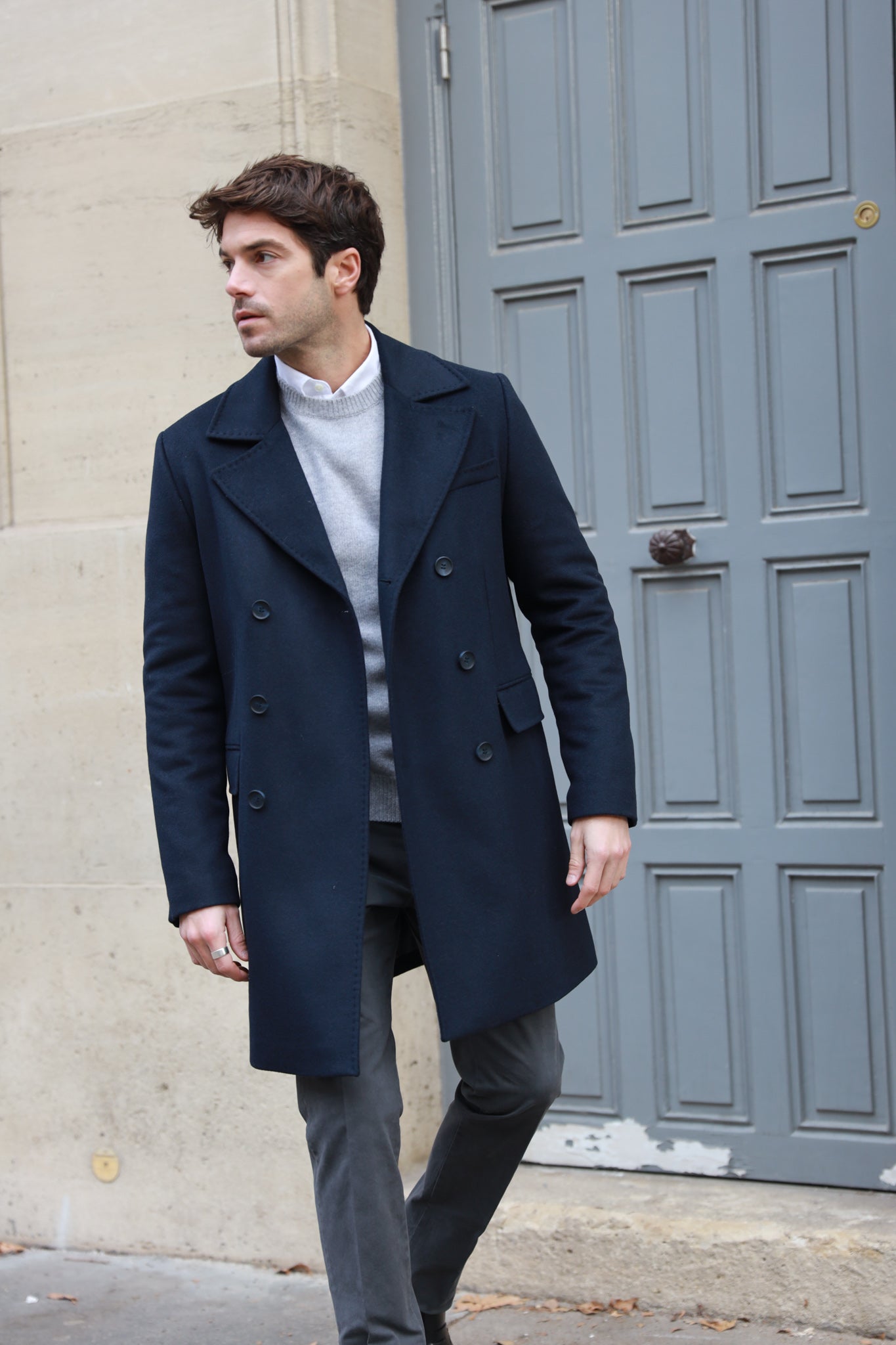 Manteau crois en laine cachemire Marine