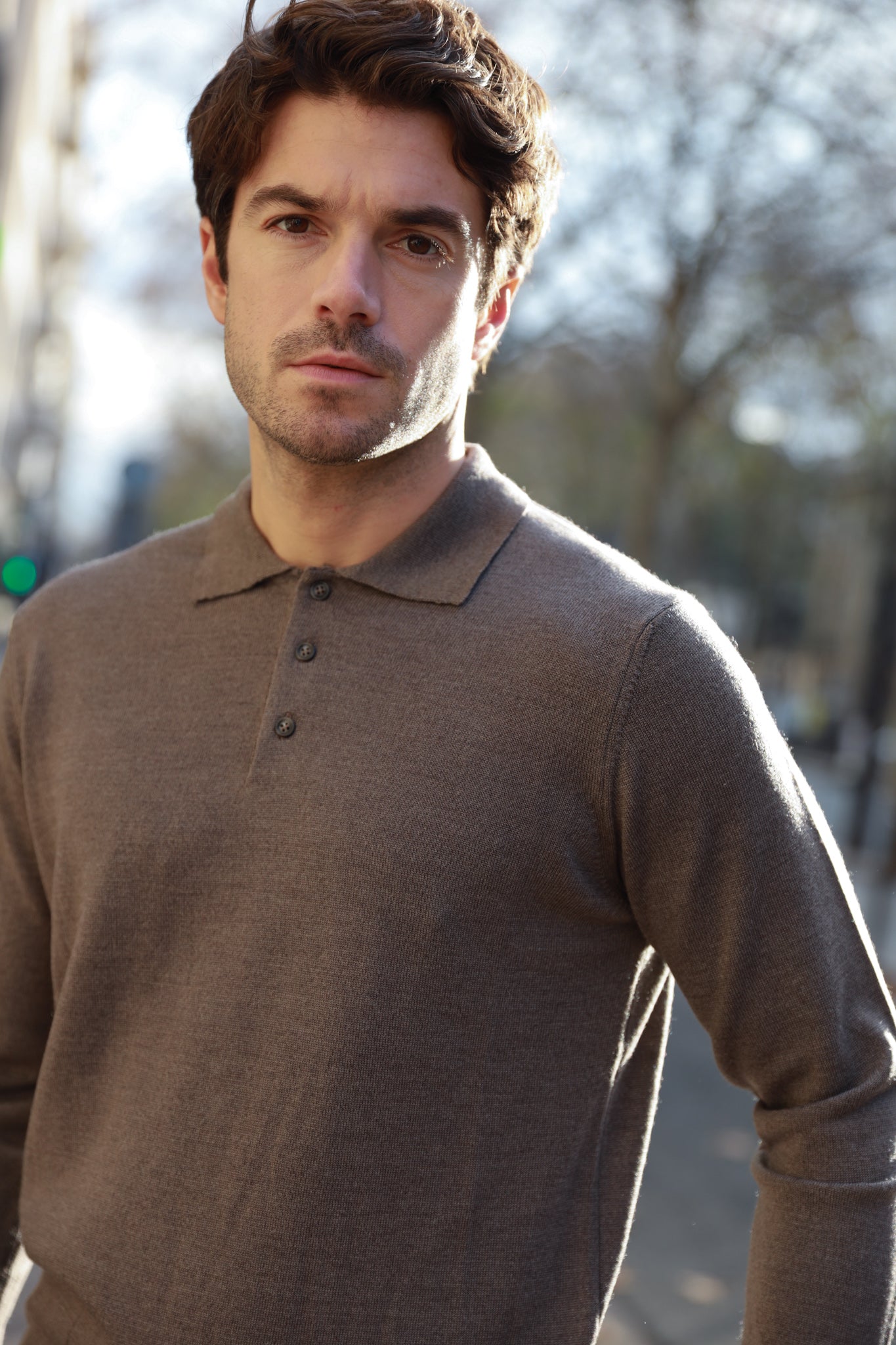 pull Polo homme manche longue en laine m rinos Beige Clair