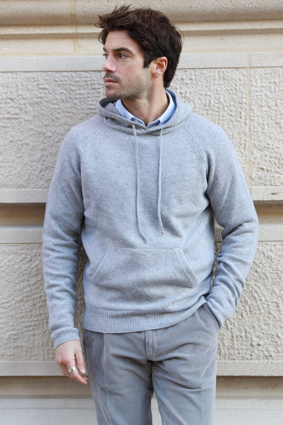 Pull homme Clement en laine cachemire capuche Gris Clair Curling