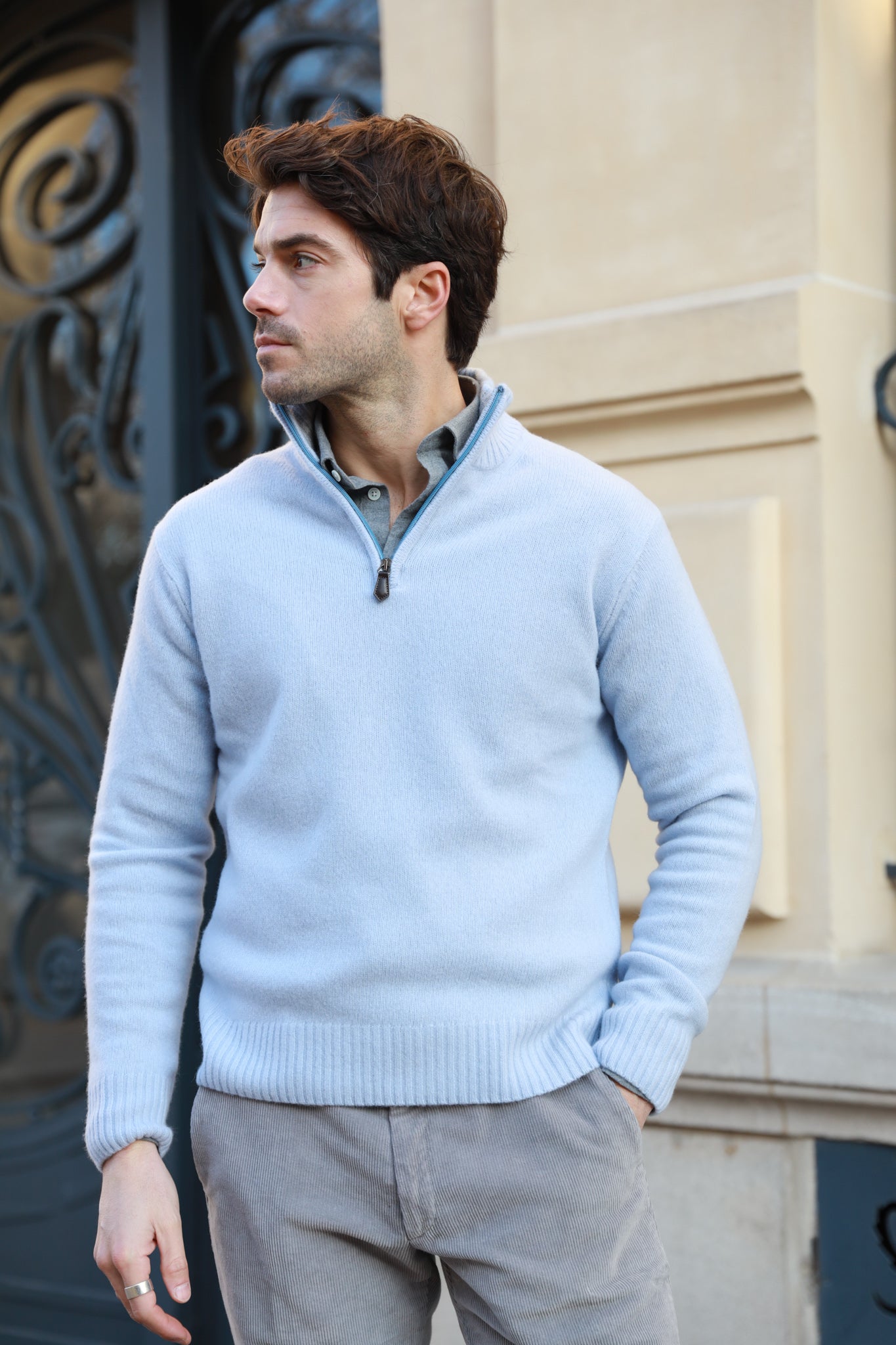 Pull homme col zipp en laine cachemire bleu ciel Curling Paris