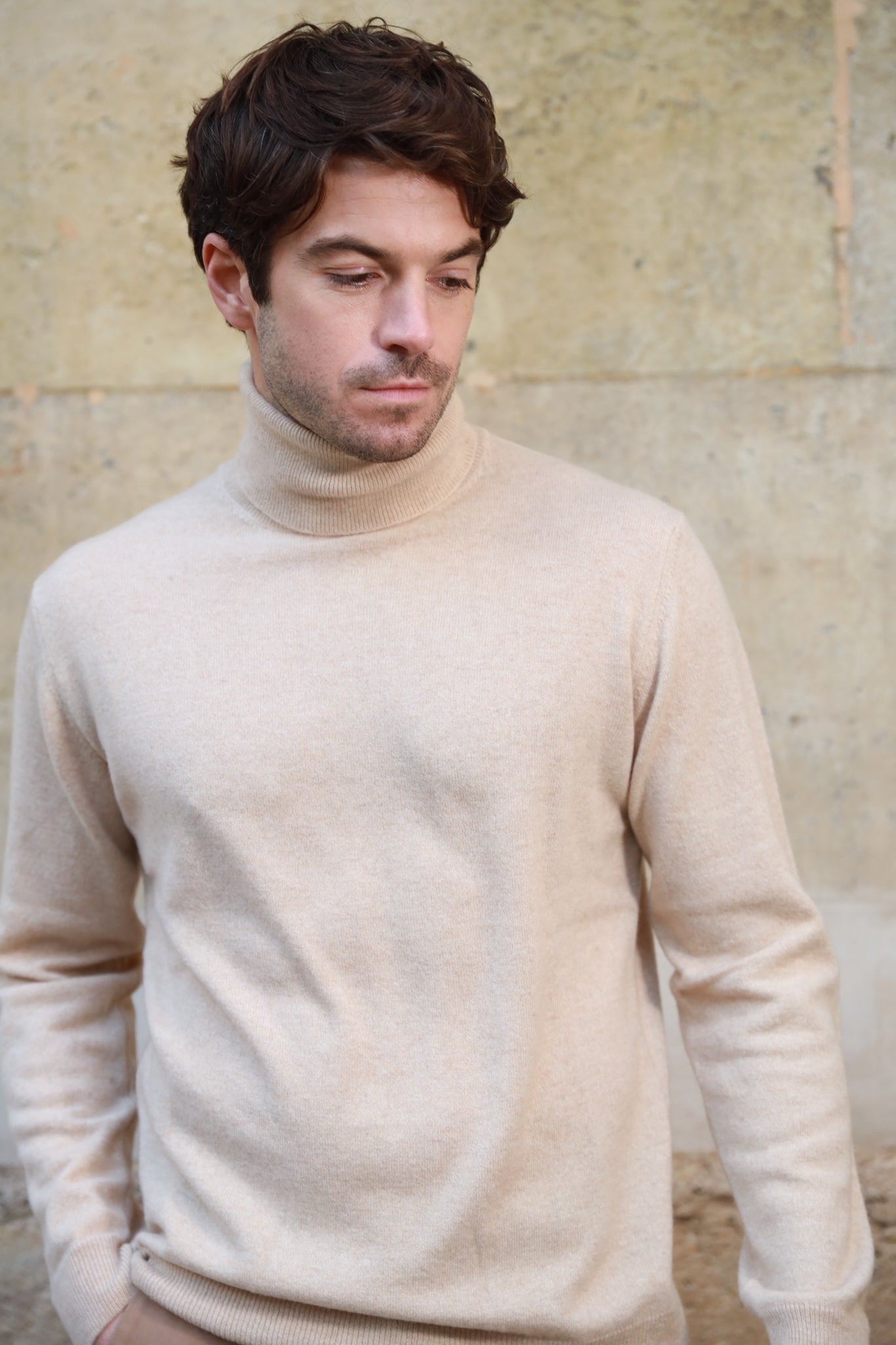 Pull col roulé homme beige hot sale