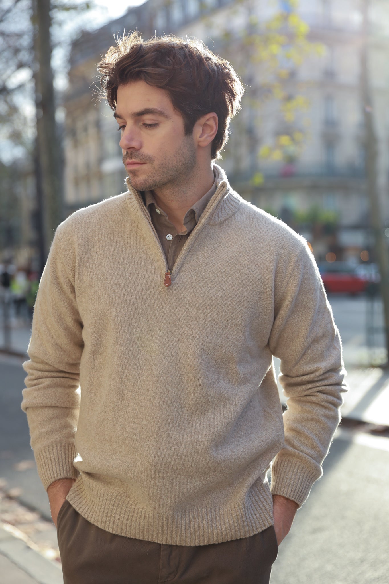 Jude zipped neck sweater in Lambswool Beige