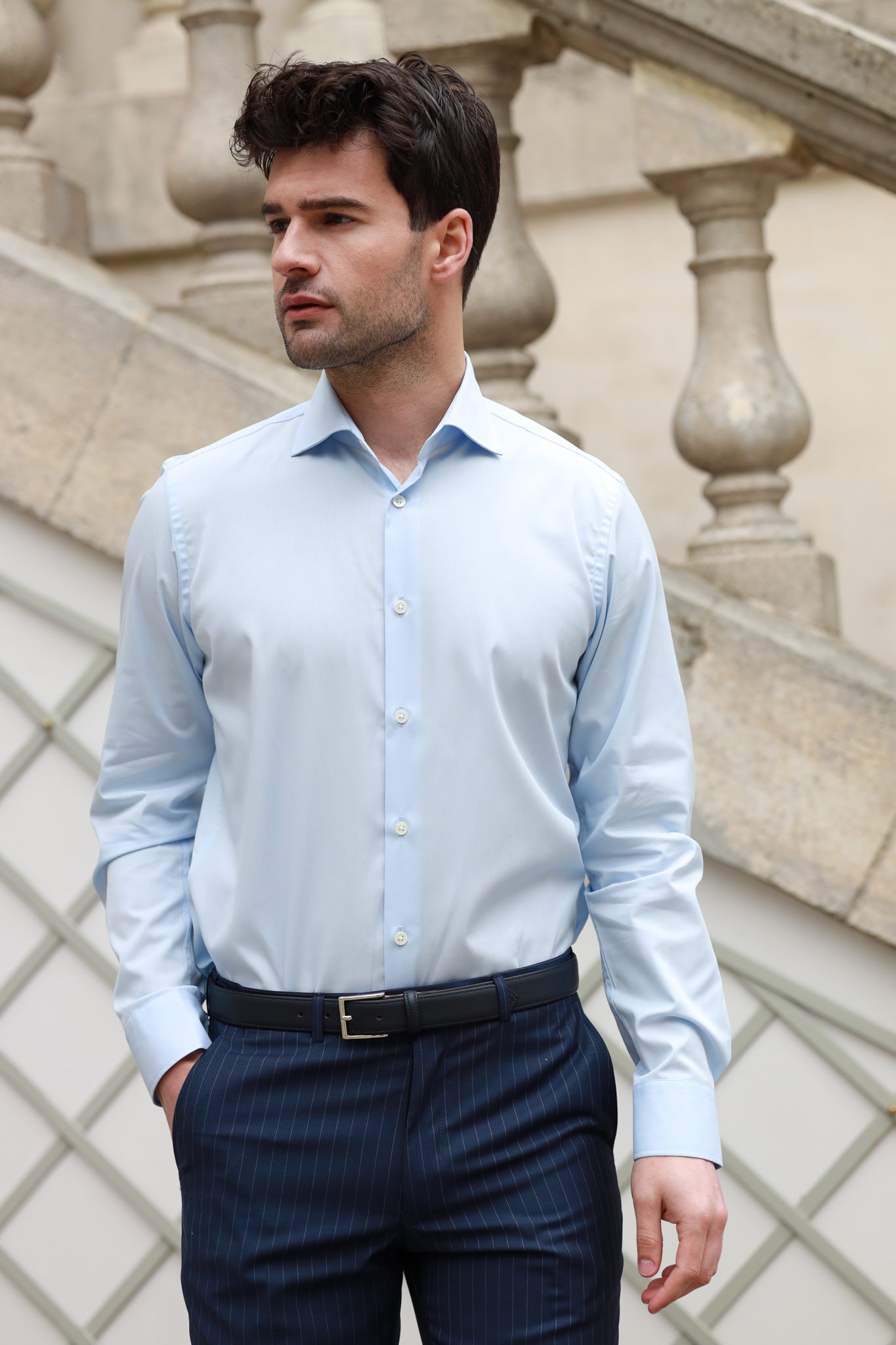 Chemise Gio col italien en coton technique Ciel