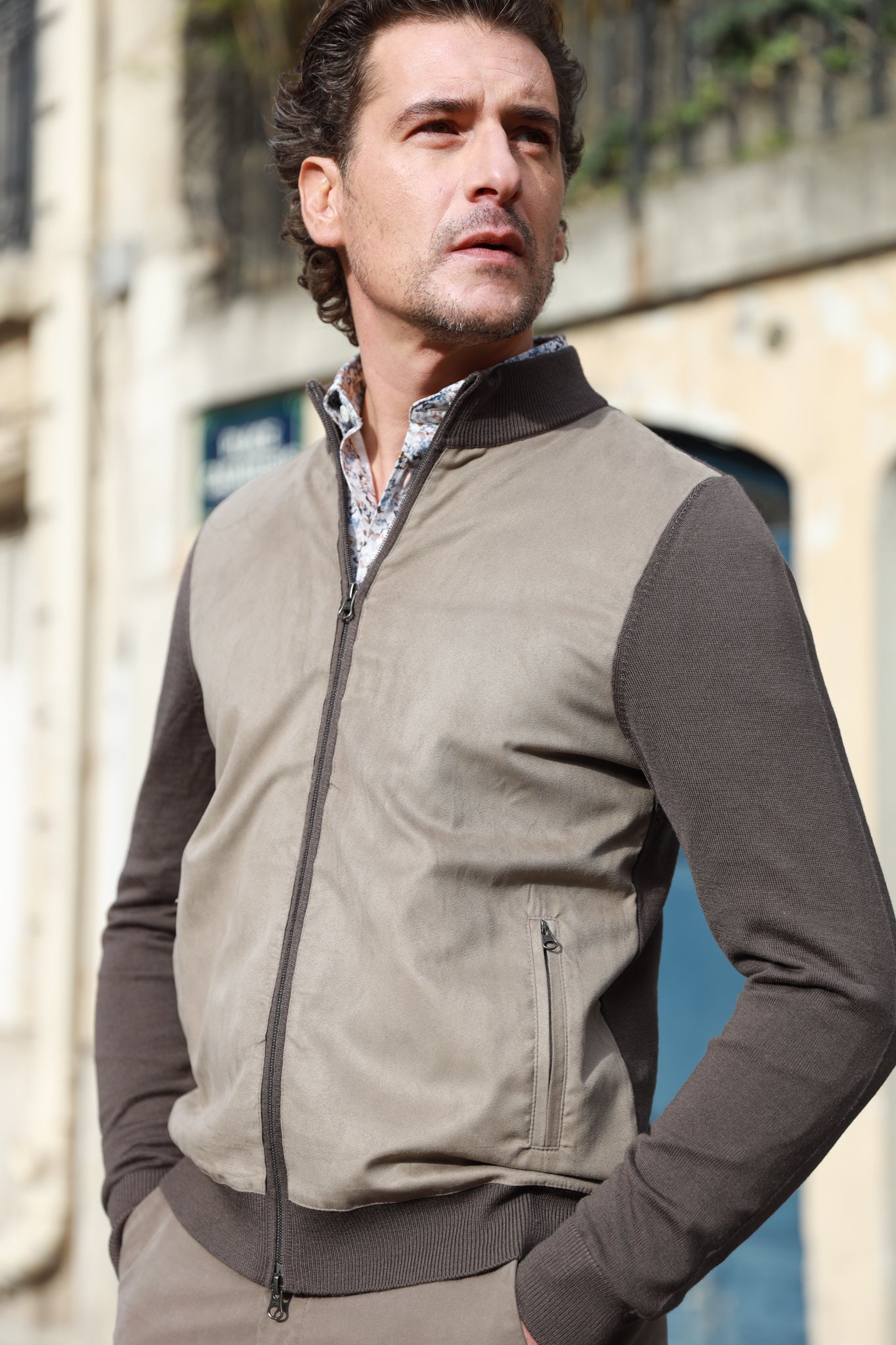 Zipped vest Baptiste in merino wool and nubuck Taupe