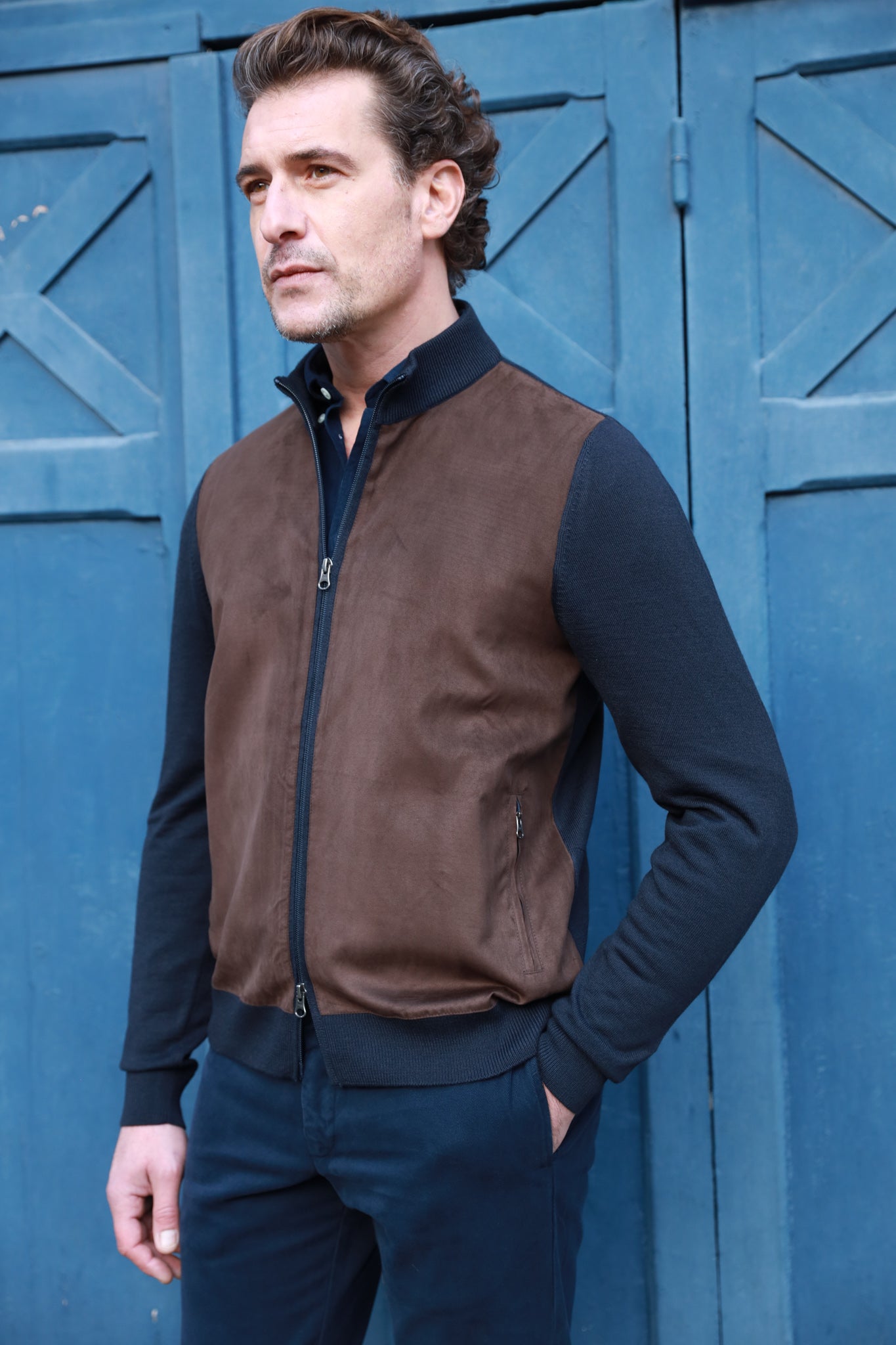 Zipped vest Baptiste in merino wool and nubuck Cognac