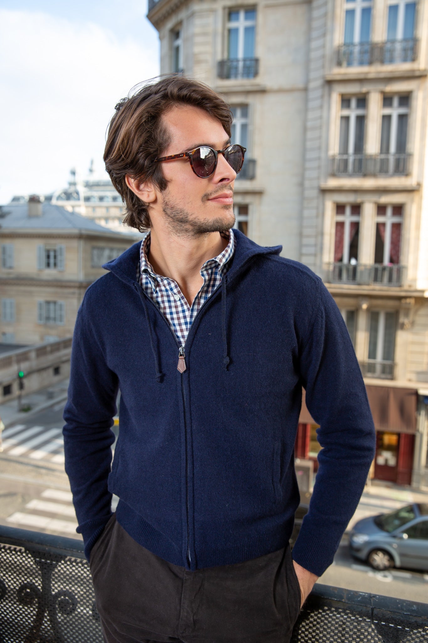 Men s zipped hooded cardigan in navy cashmere Curling Paris