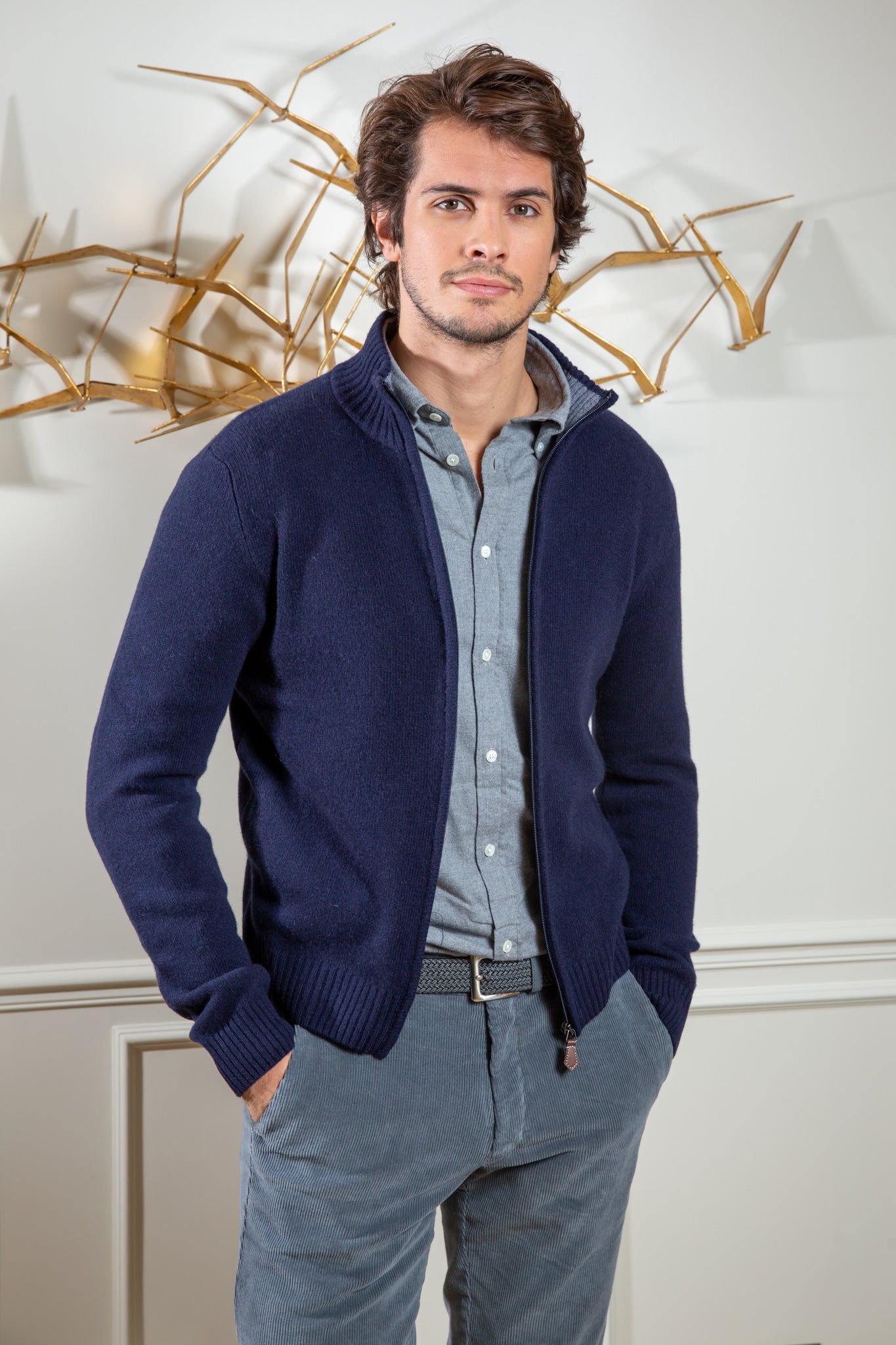 Zipped wool cashmere cardigan Navy