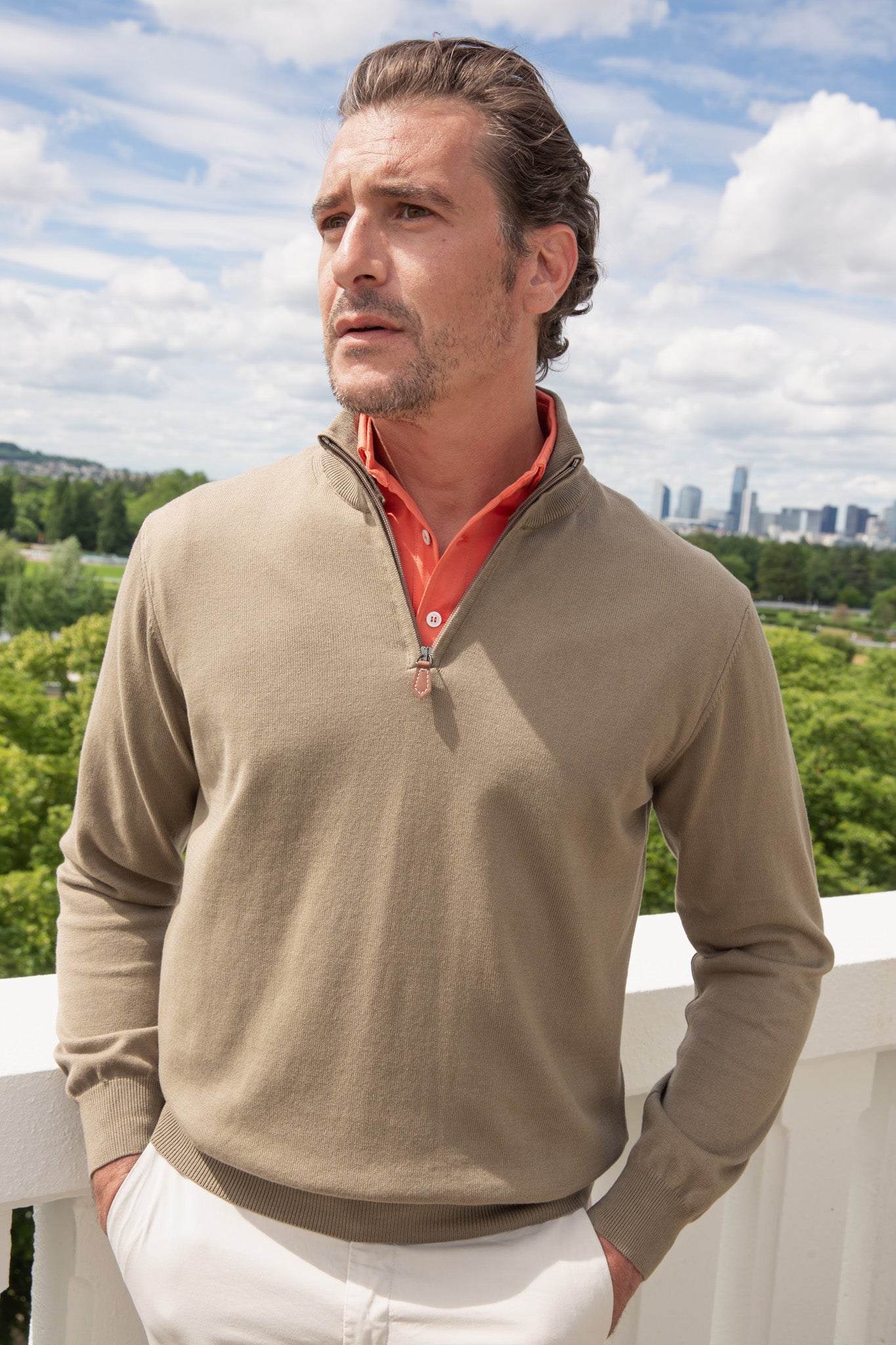 Men's quarter zip shop sweater with elbow patches