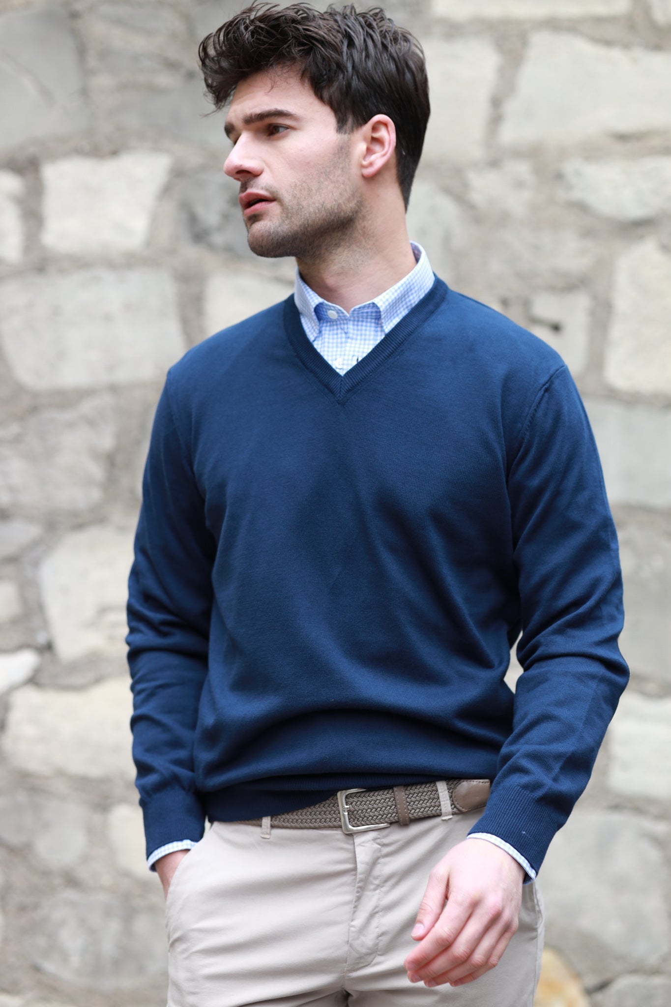 V neck hot sale navy sweater