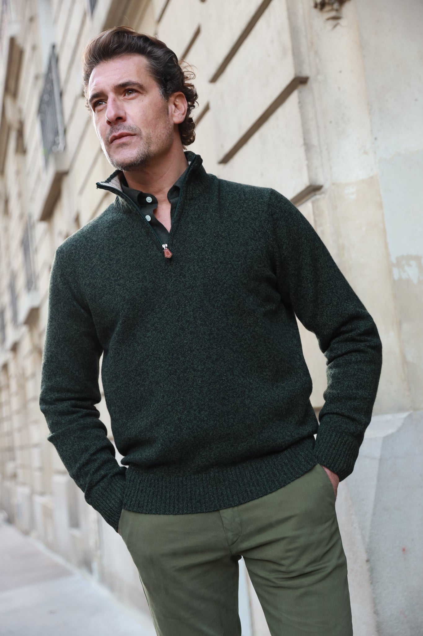 Jude Zipped Collar Sweater in Lambswool Khaki