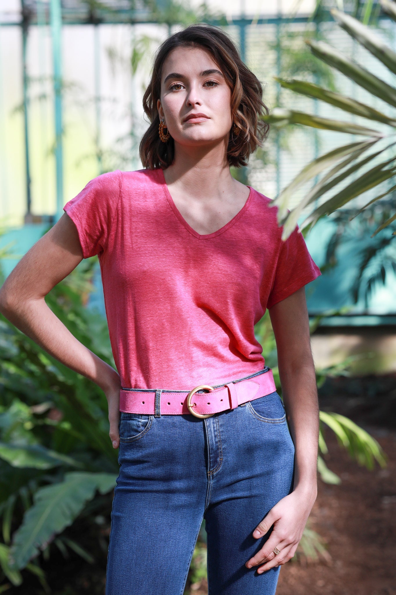 Women s pink linen v neck t shirt Curling Paris