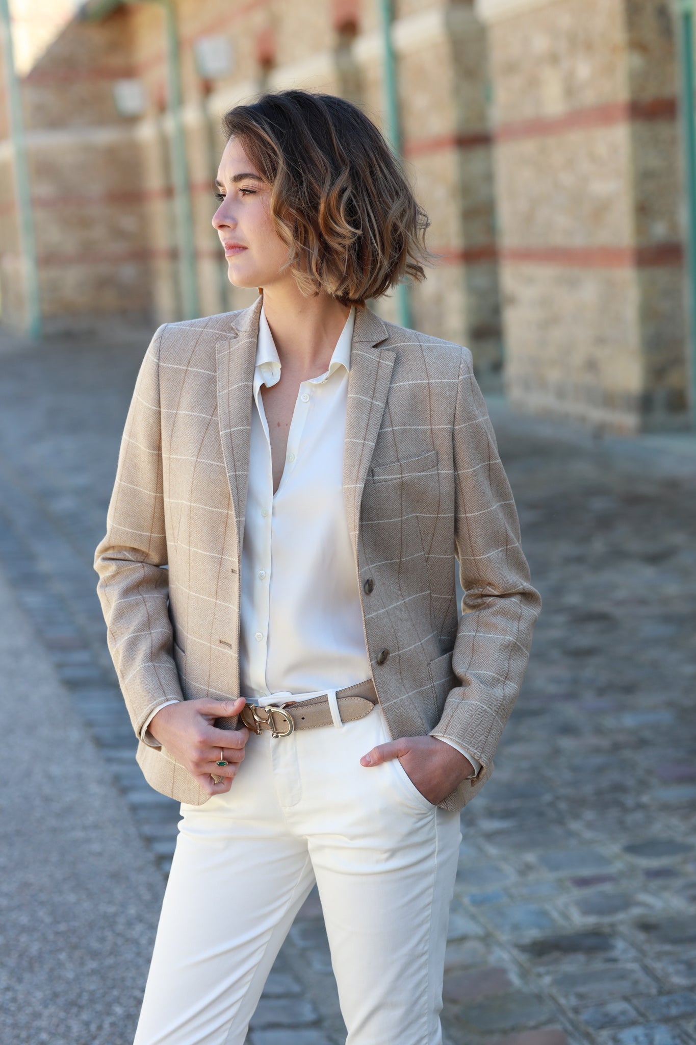 Veste Victoire en laine camel hair Carreaux beige