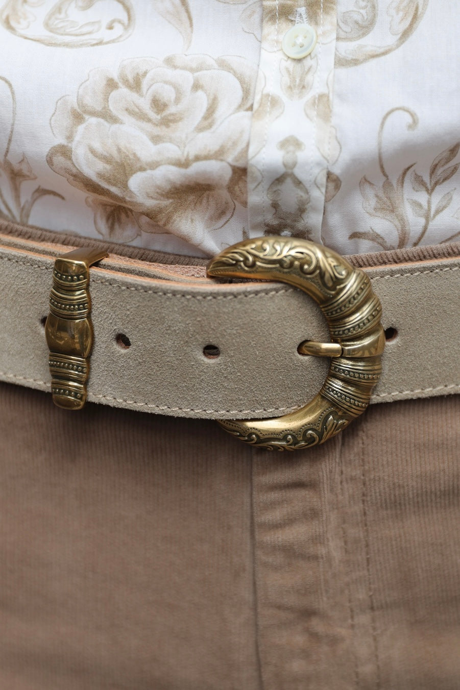 Ceinture Western boucle gravée en veau velours - Capuccino-CEINTURE FEMME-Curling-Paris