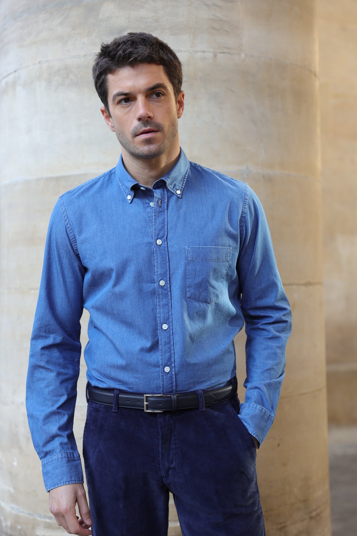 Chemise Clovis col boutonné en denim - Bleu moyen-CHEMISE HOMME-Curling-Paris