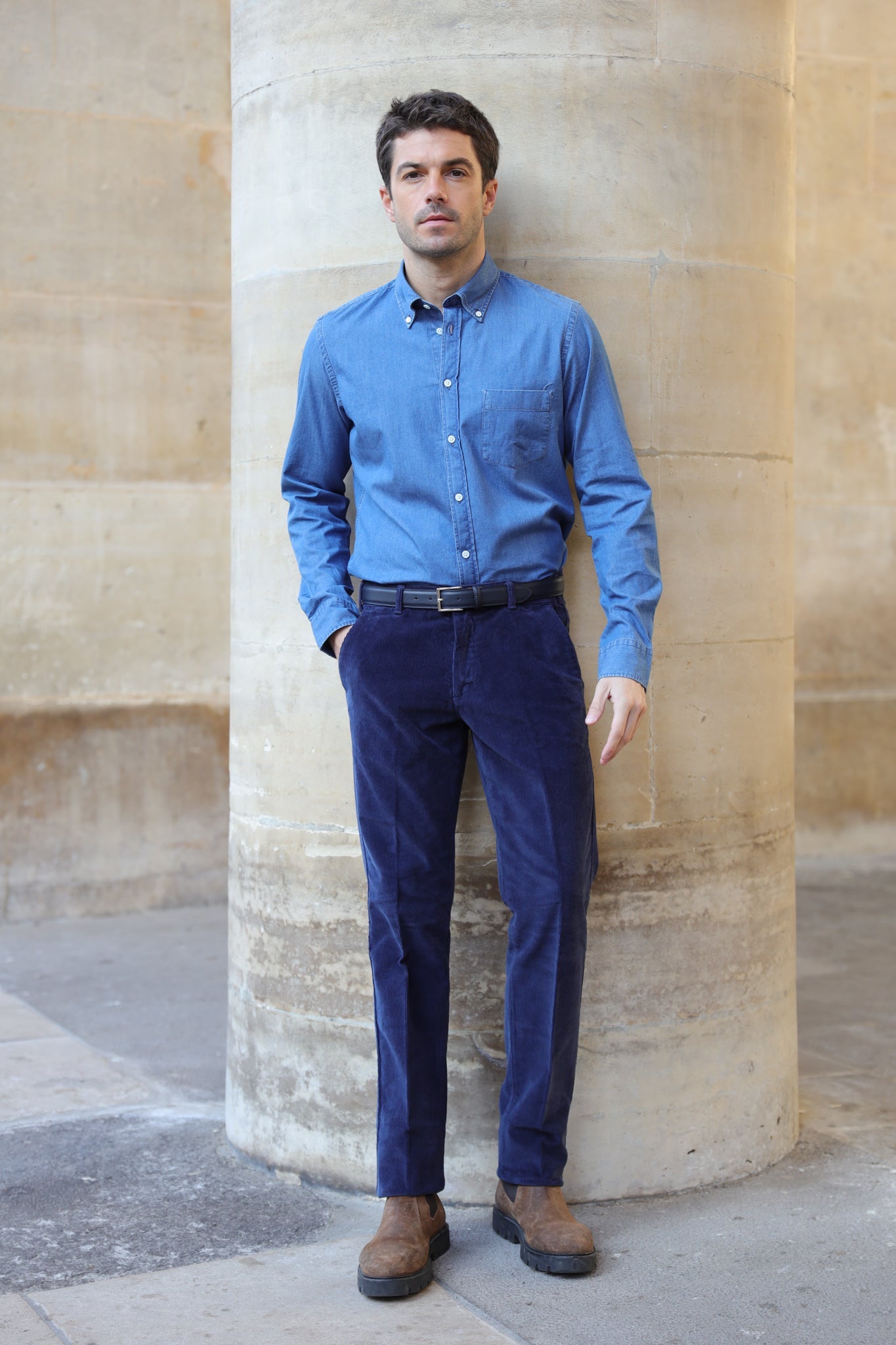 Chemise Clovis col boutonné en denim - Bleu moyen-CHEMISE HOMME-Curling-Paris