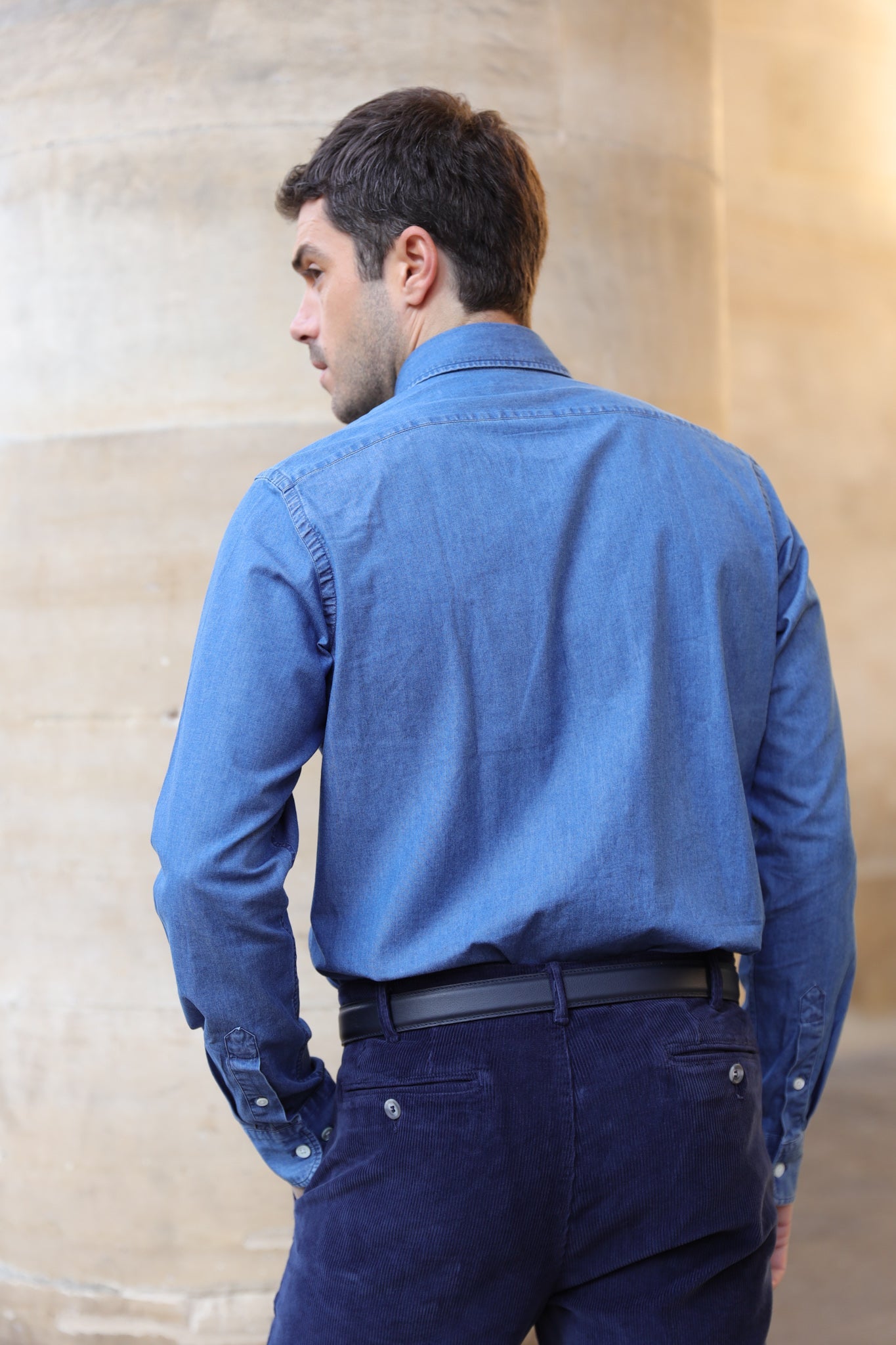 Chemise Clovis col boutonné en denim - Bleu moyen-CHEMISE HOMME-Curling-Paris