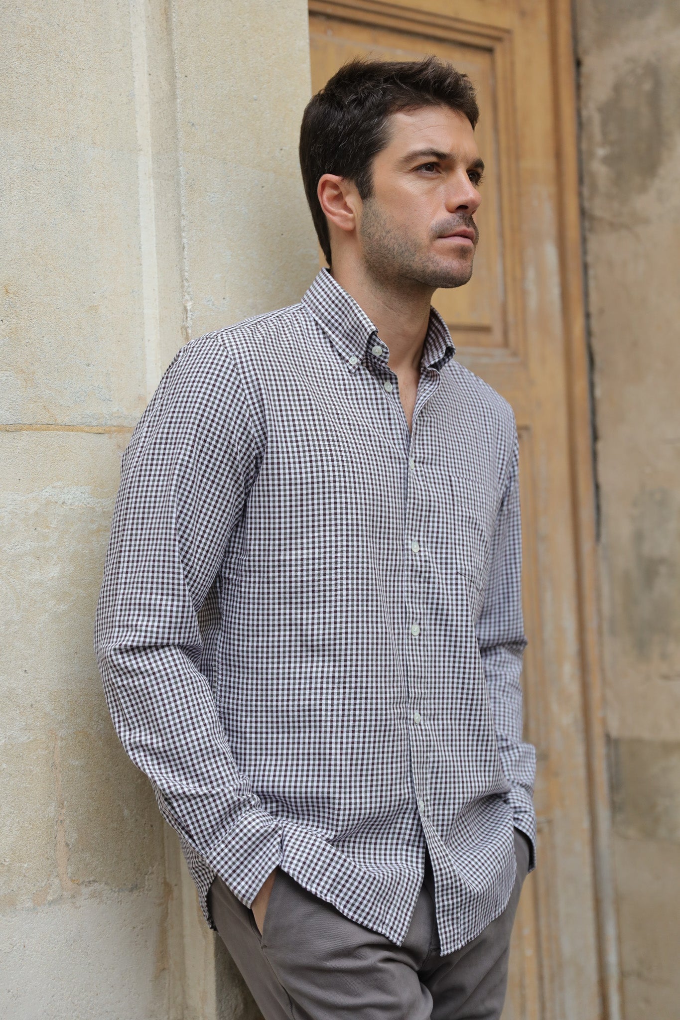 Chemise Clovis en coton - carreau kaki marron-CHEMISE HOMME-Curling-Paris