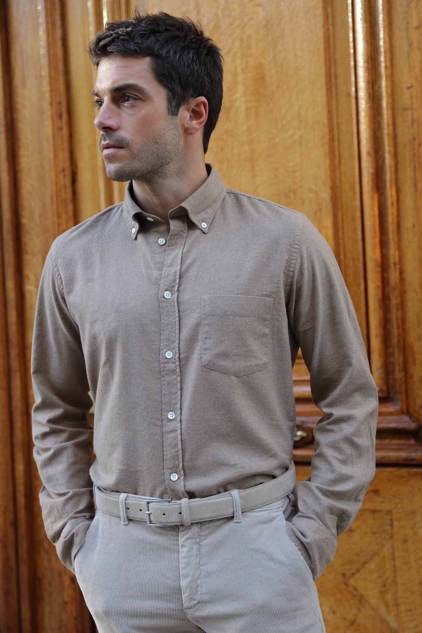 Chemise Clovis en flanelle de coton - Beige-CHEMISE HOMME-Curling-Paris