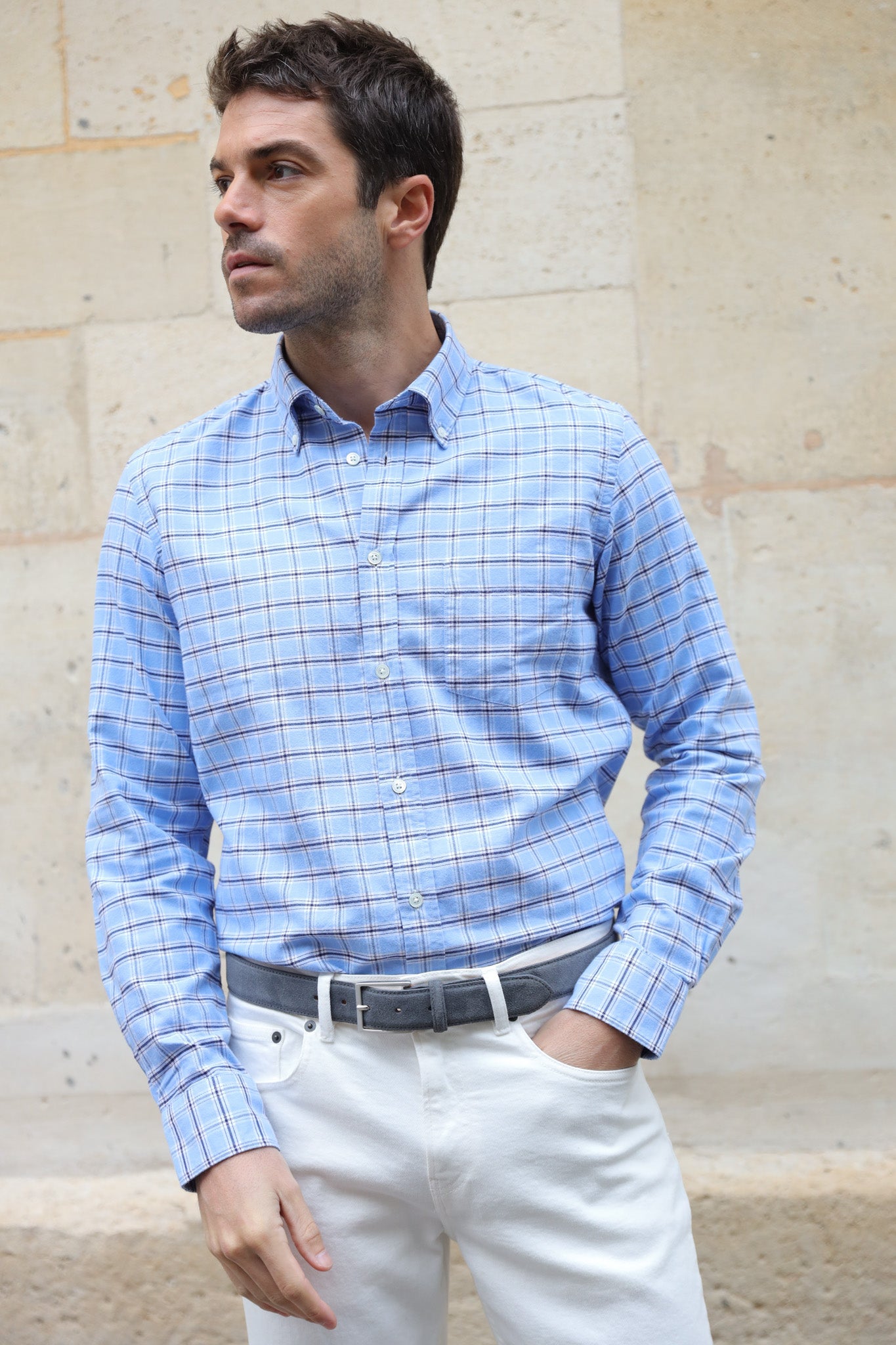 Chemise Clovis en flanelle de coton - Carreau ciel-CHEMISE HOMME-Curling-Paris