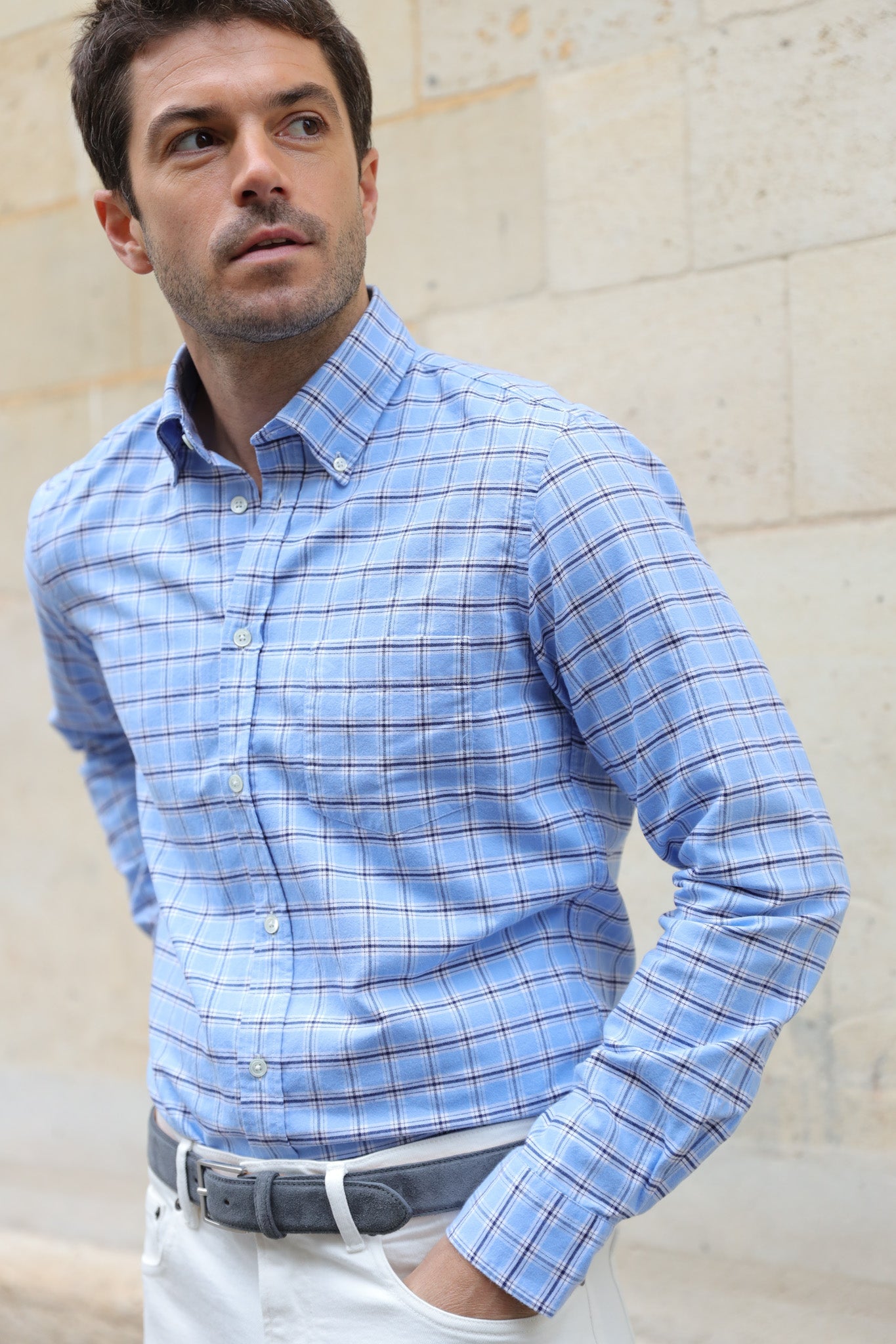 Chemise Clovis en flanelle de coton - Carreau ciel-CHEMISE HOMME-Curling-Paris