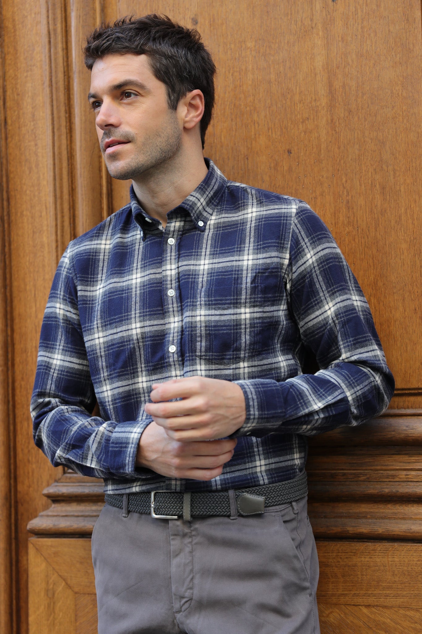 Chemise Clovis en flanelle de coton - Carreau marine-CHEMISE HOMME-Curling-Paris