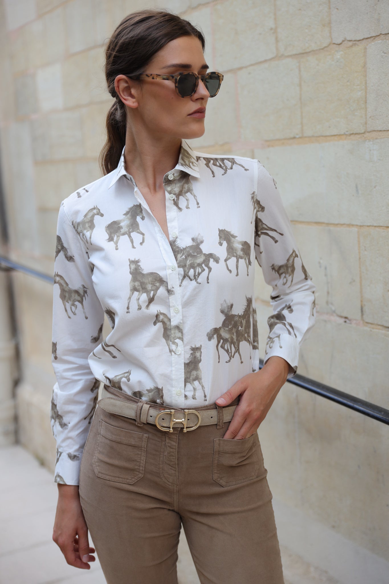 Chemisier Canelle en coton - Chevaux Beige-CHEMISIER FEMME-Curling-Paris