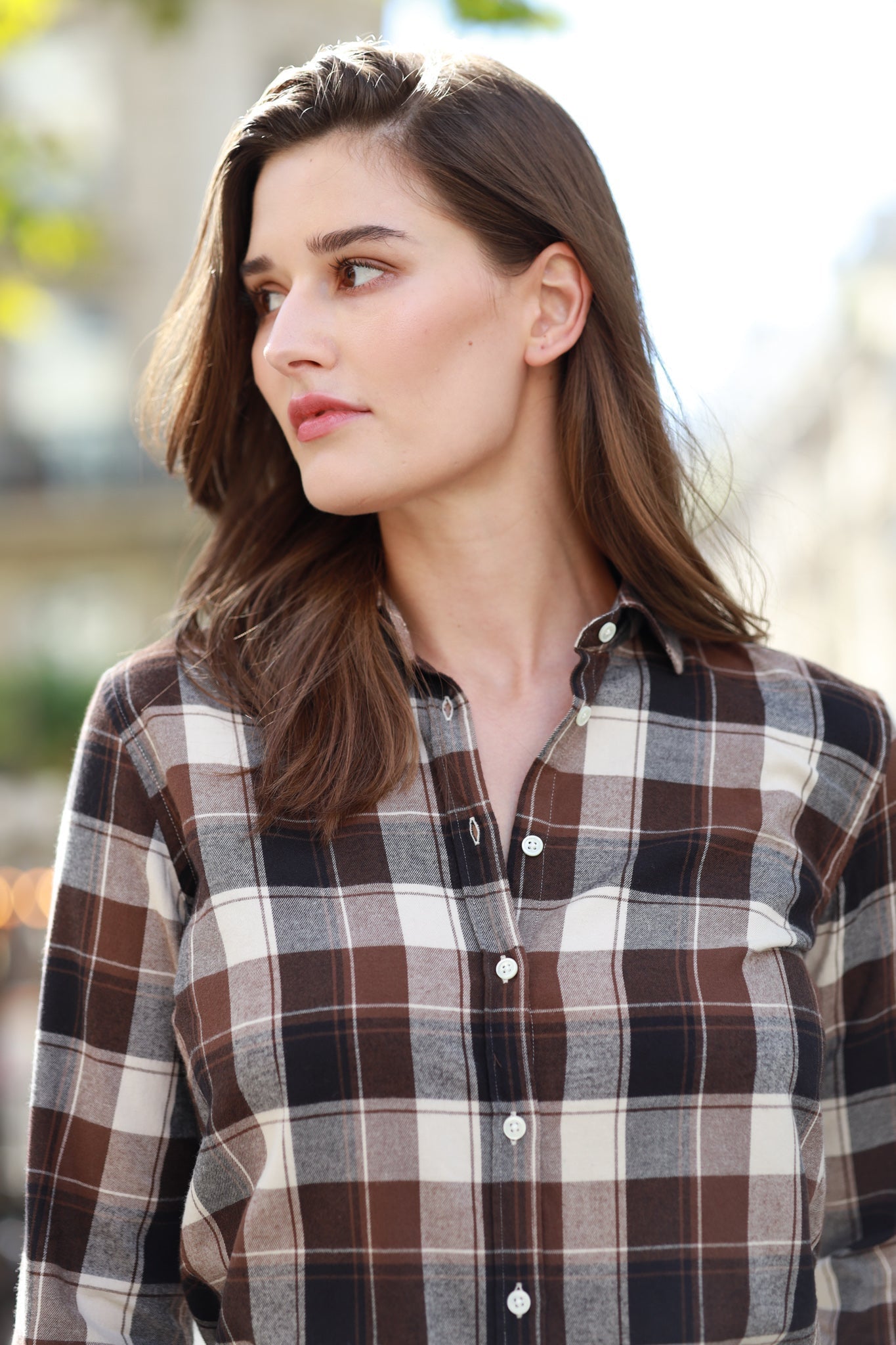 Canelle Checked Cotton Flannel Blouse Brown