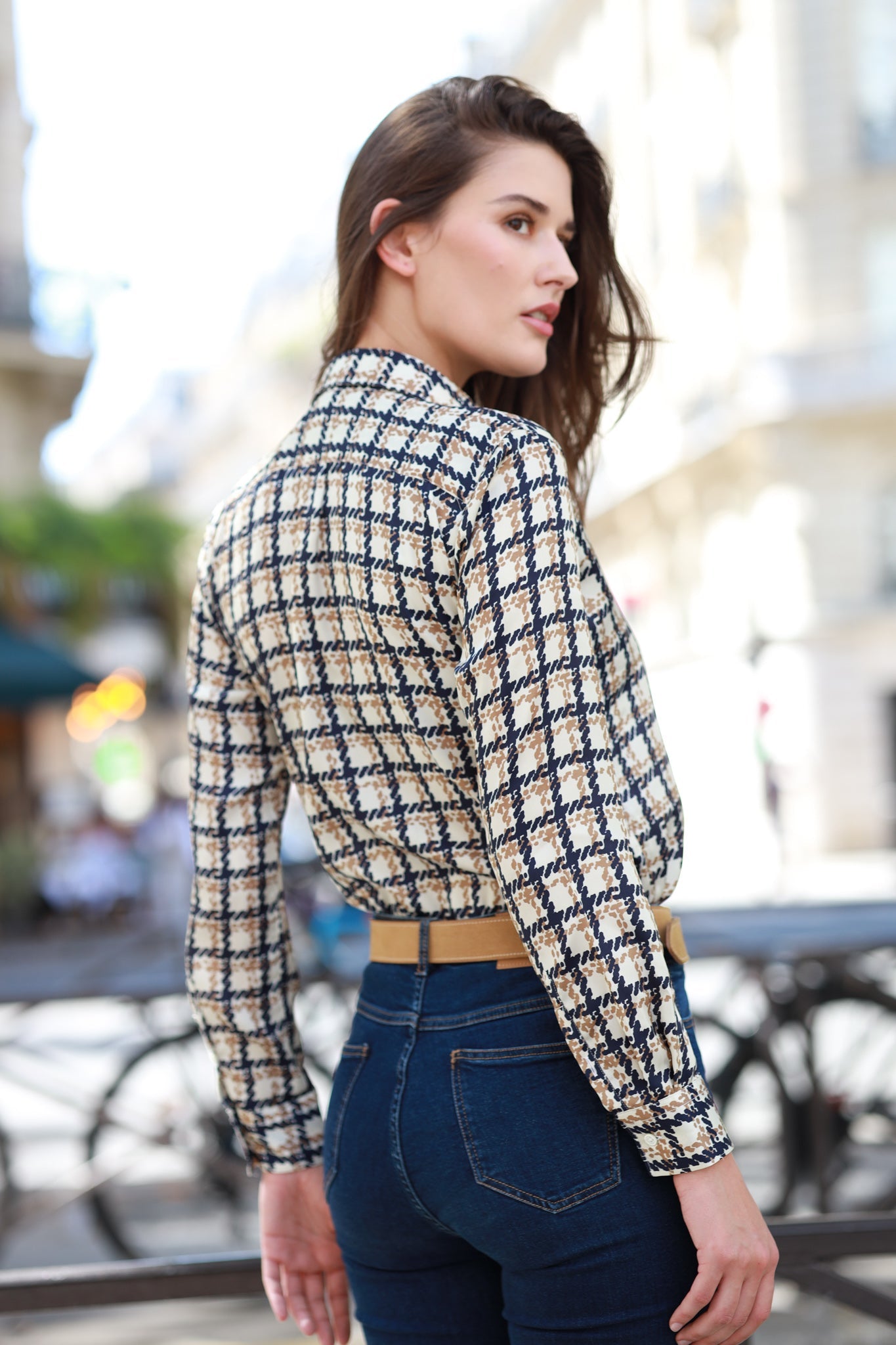 Chemisier femme Clemence imprim soyeux Marine camel Curling Paris