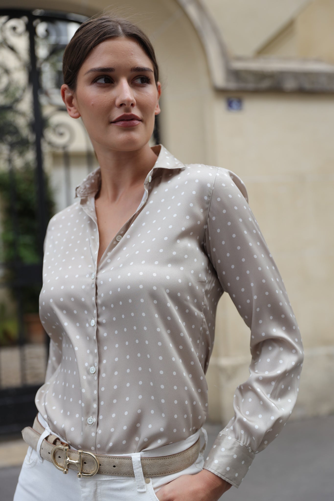 Chemisier Clémence imprimé soyeux - Pois Beige-CHEMISIER FEMME-Curling-Paris