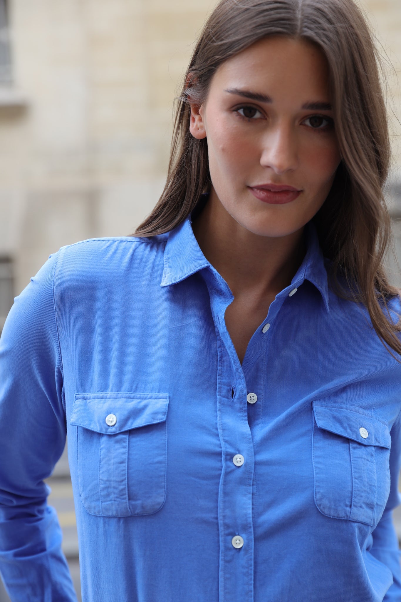 Chemisier Flore en velours milleraies - Bleu-CHEMISIER FEMME-Curling-Paris