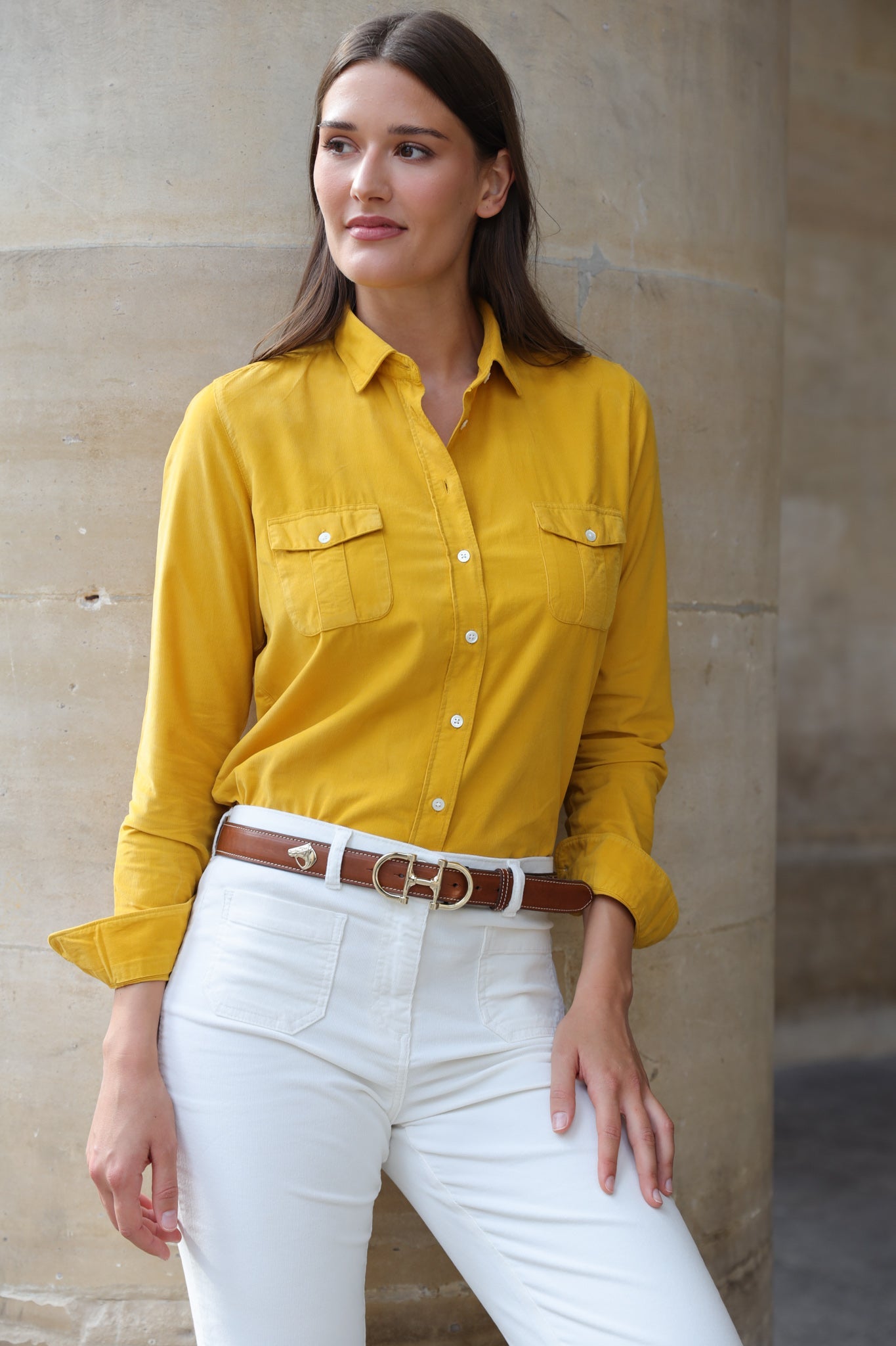 Chemisier Flore en velours milleraies - Jaune-CHEMISIER FEMME-Curling-Paris