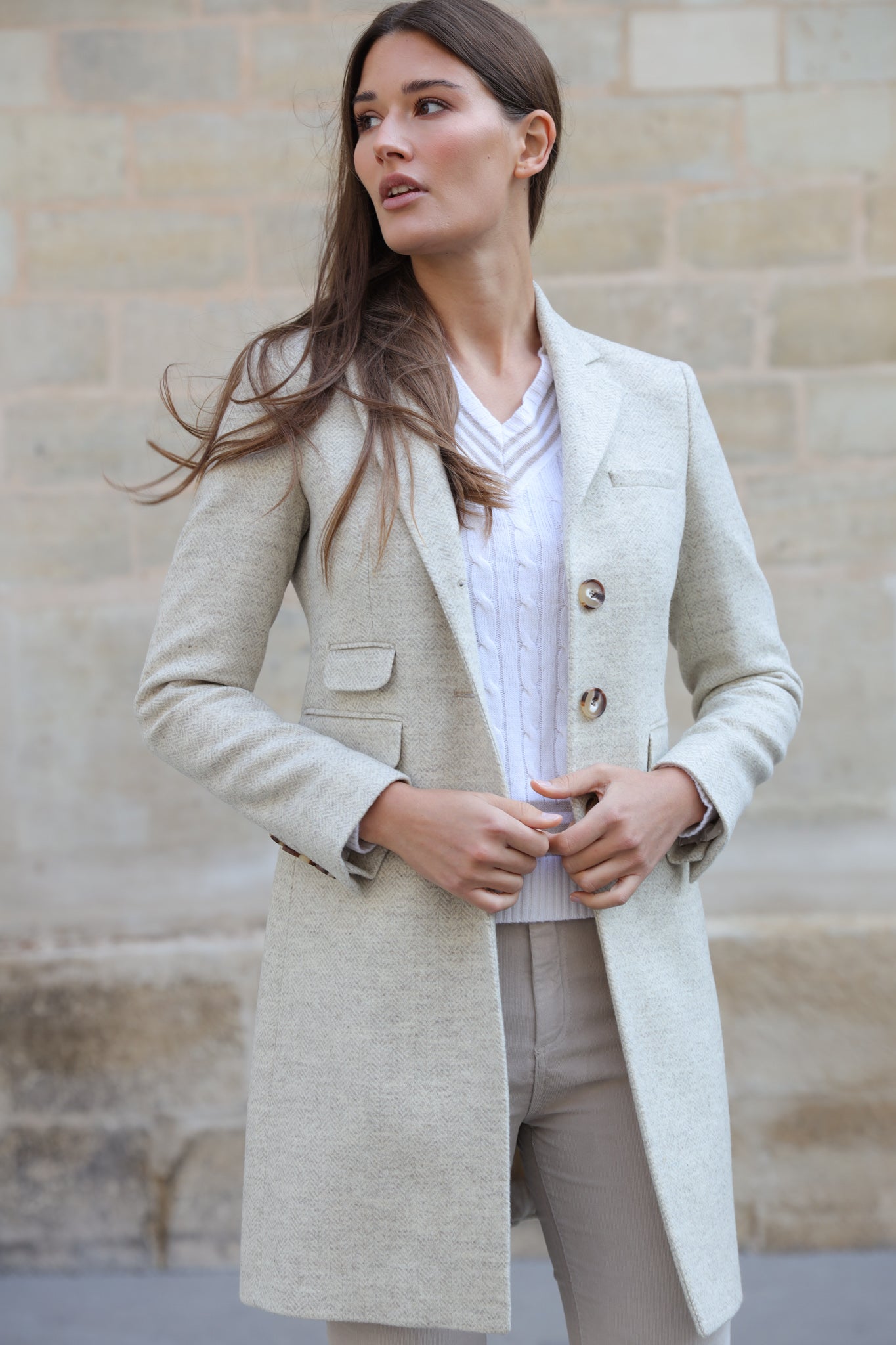 Manteau ecru femme laine sale