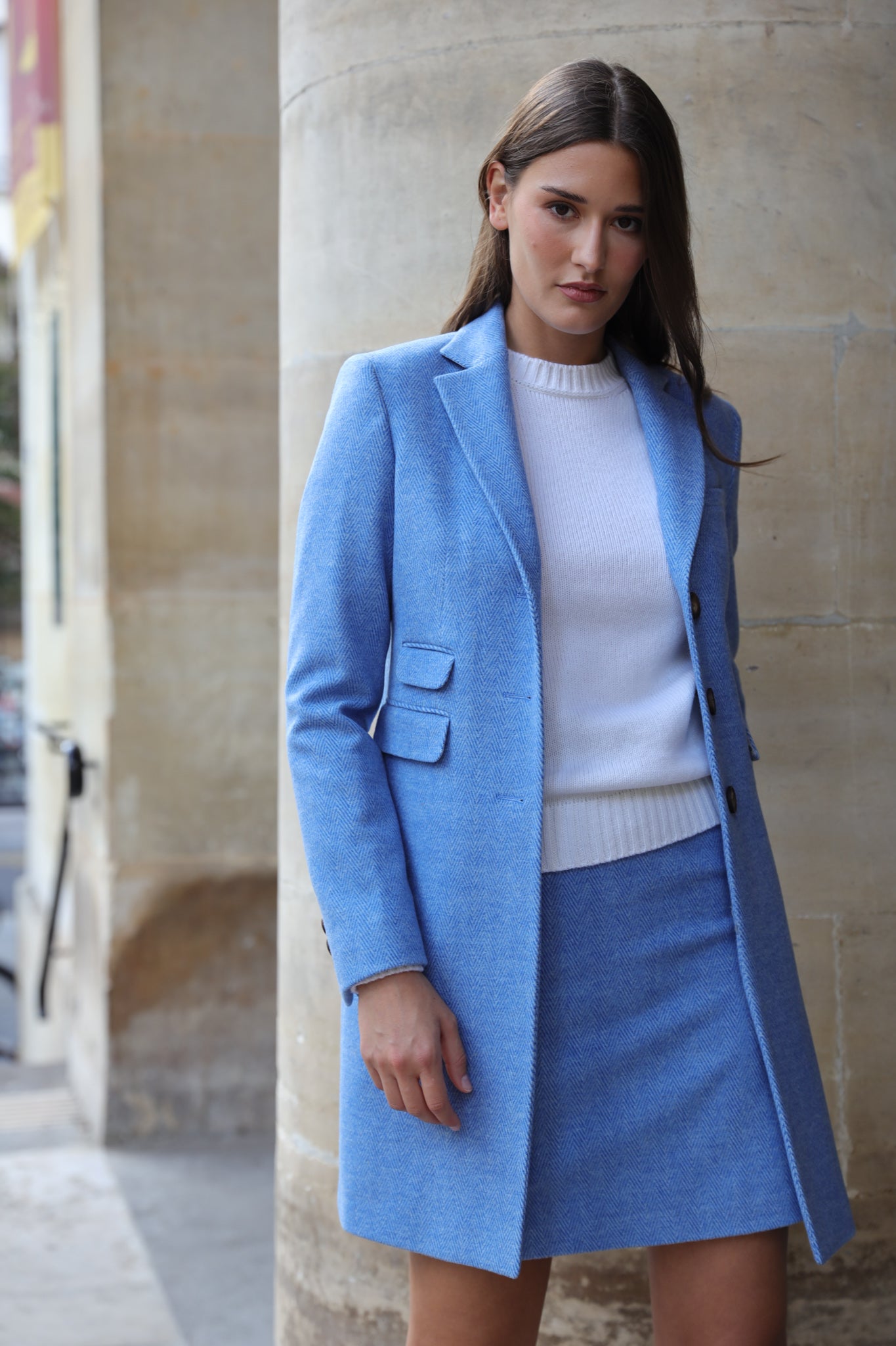 Manteau Jemma redingote en laine mélangée - Chevron ciel-MANTEAU FEMME-Curling-Paris