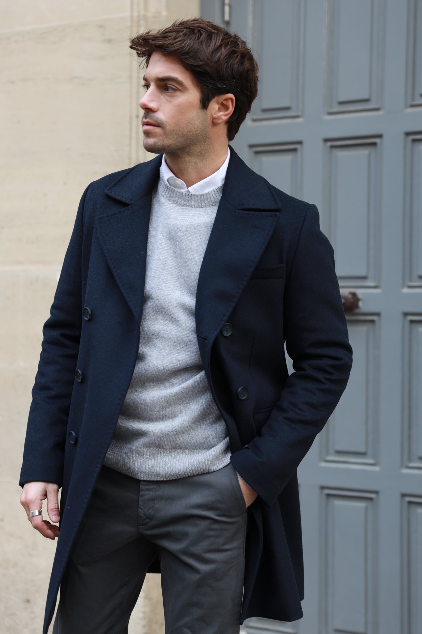 Manteau crois pour homme en laine cachemire marine Curling Paris