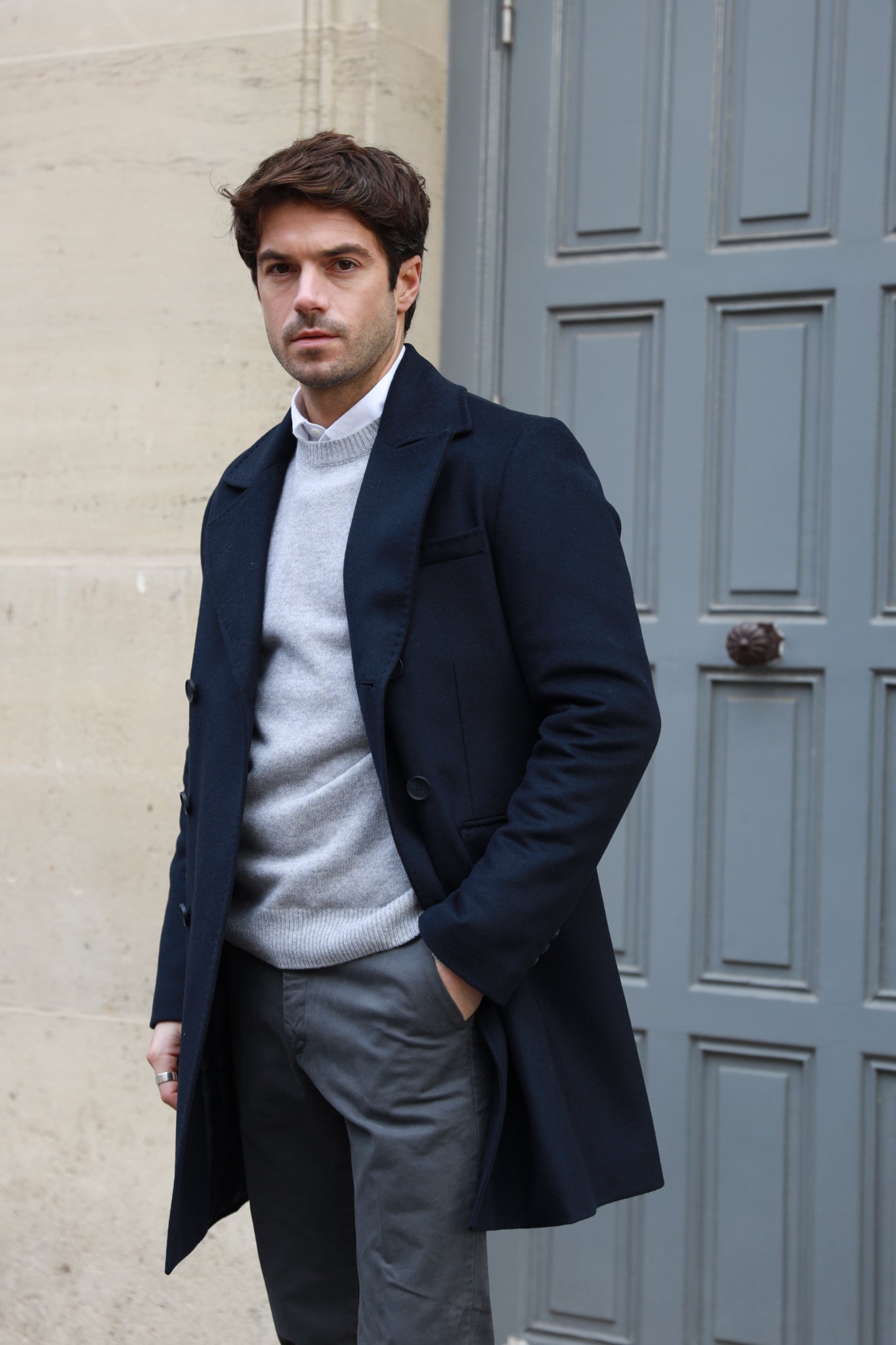 Manteau long bleu marine homme hot sale