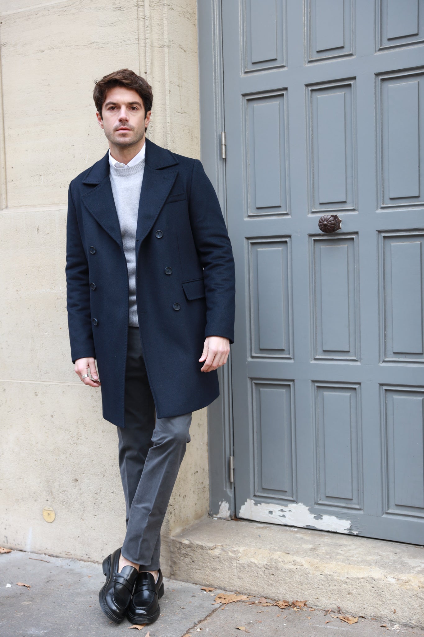 Manteau crois en laine cachemire Marine