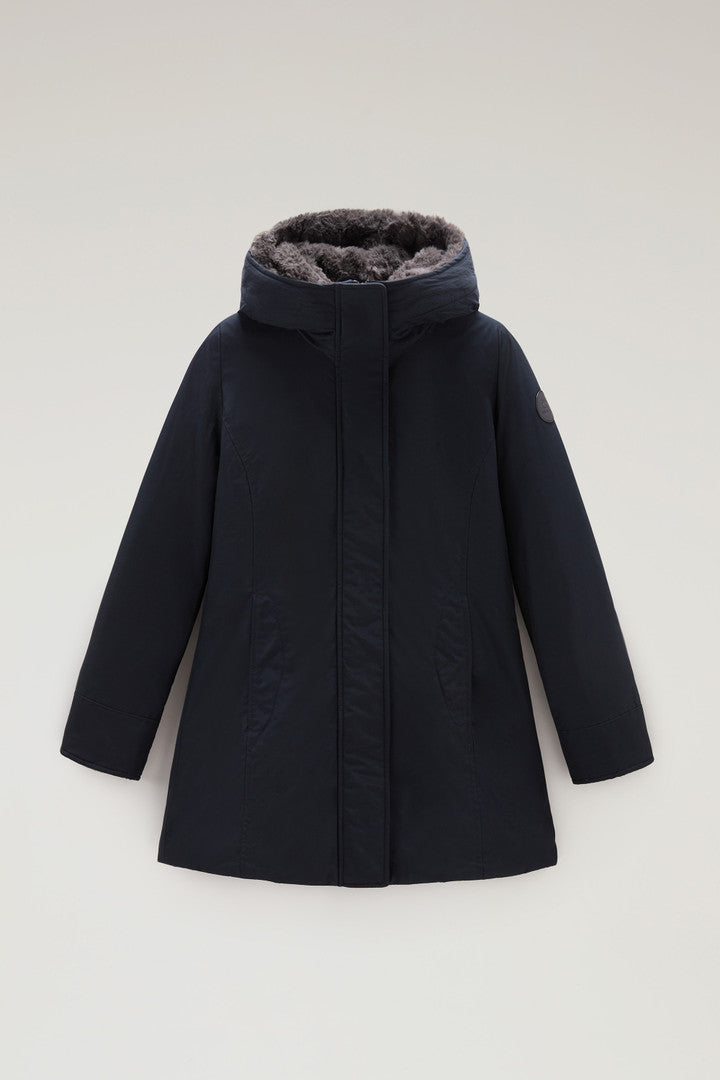 Parka Woolrich Boulder en Ramar avec capuche et col amovible en éco fourrure - Dark Navy-MANTEAU FEMME-Curling-Paris