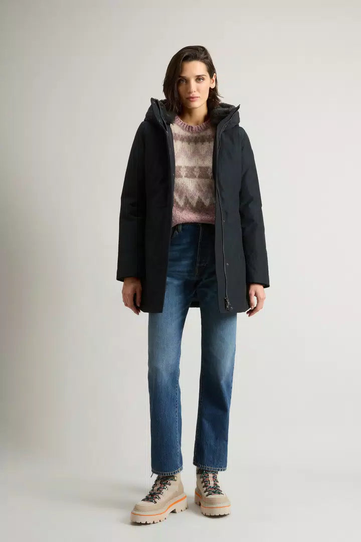 Parka Woolrich Boulder en Ramar avec capuche et col amovible en éco fourrure - Dark Navy-MANTEAU FEMME-Curling-Paris