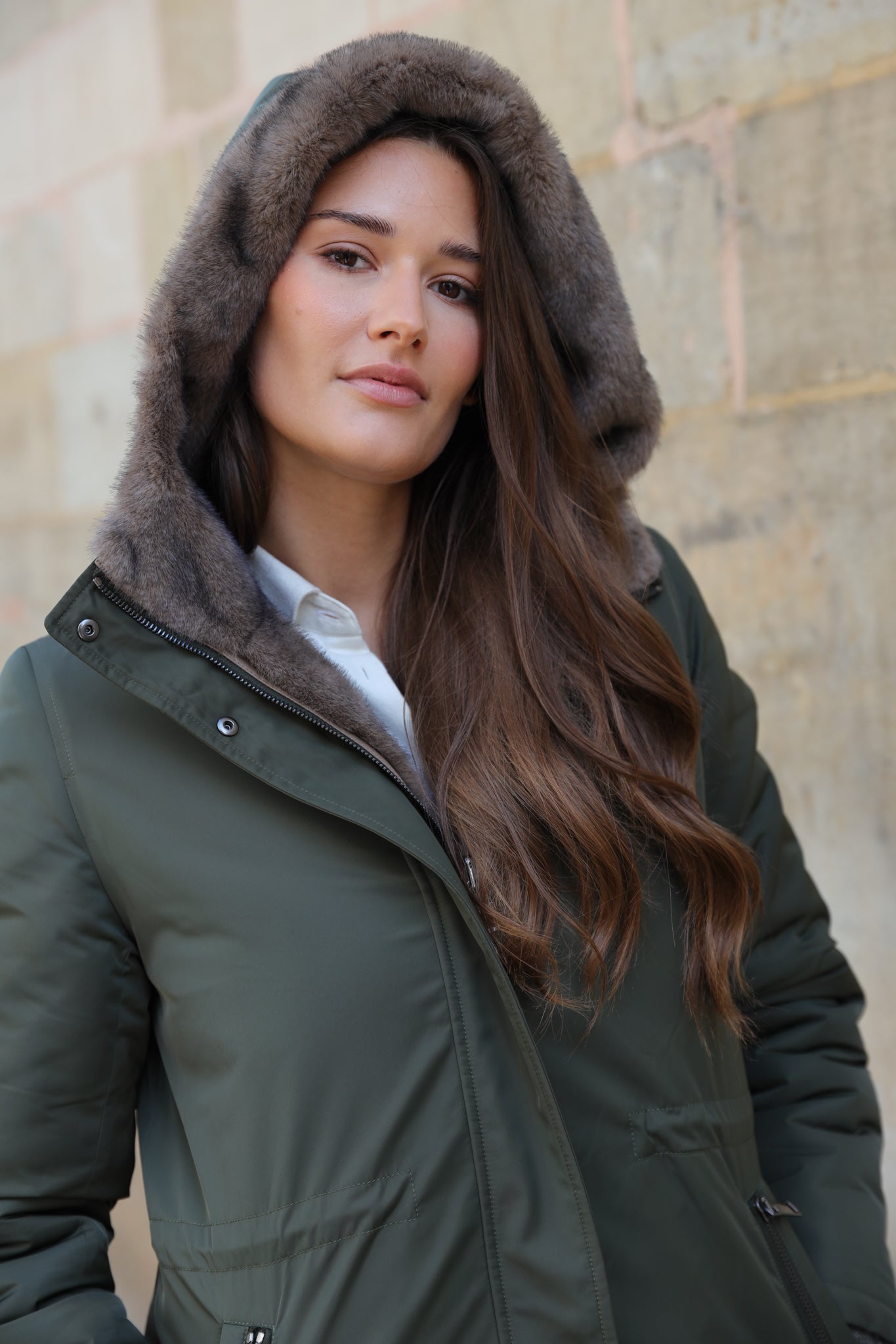 Parka réversible Camille en nylon et éco fourrure - Kaki / Moka-MANTEAU FEMME-Curling-Paris