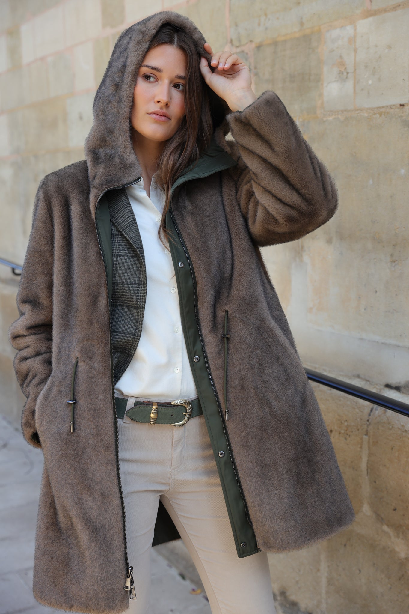 Parka réversible Camille en nylon et éco fourrure - Kaki / Moka-MANTEAU FEMME-Curling-Paris