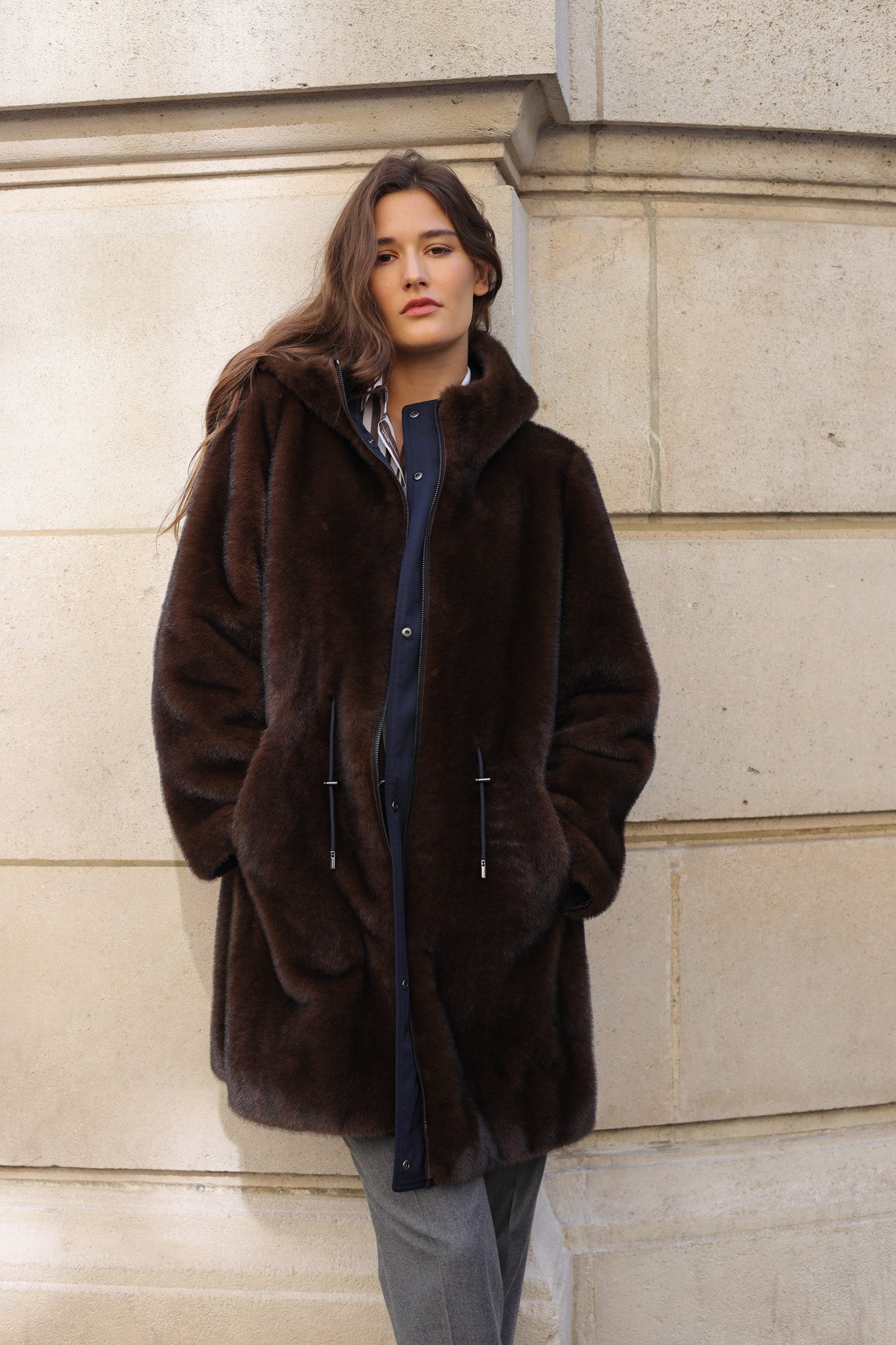 Parka réversible Camille en nylon et éco fourrure - Marine / Marron-MANTEAU FEMME-Curling-Paris