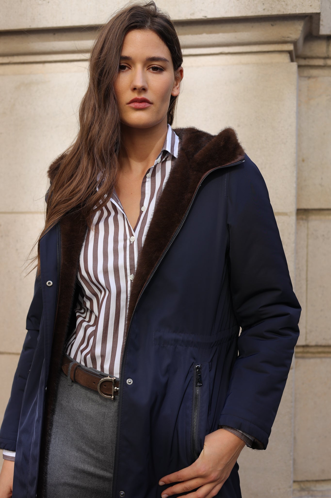 Parka réversible Camille en nylon et éco fourrure - Marine / Marron-MANTEAU FEMME-Curling-Paris