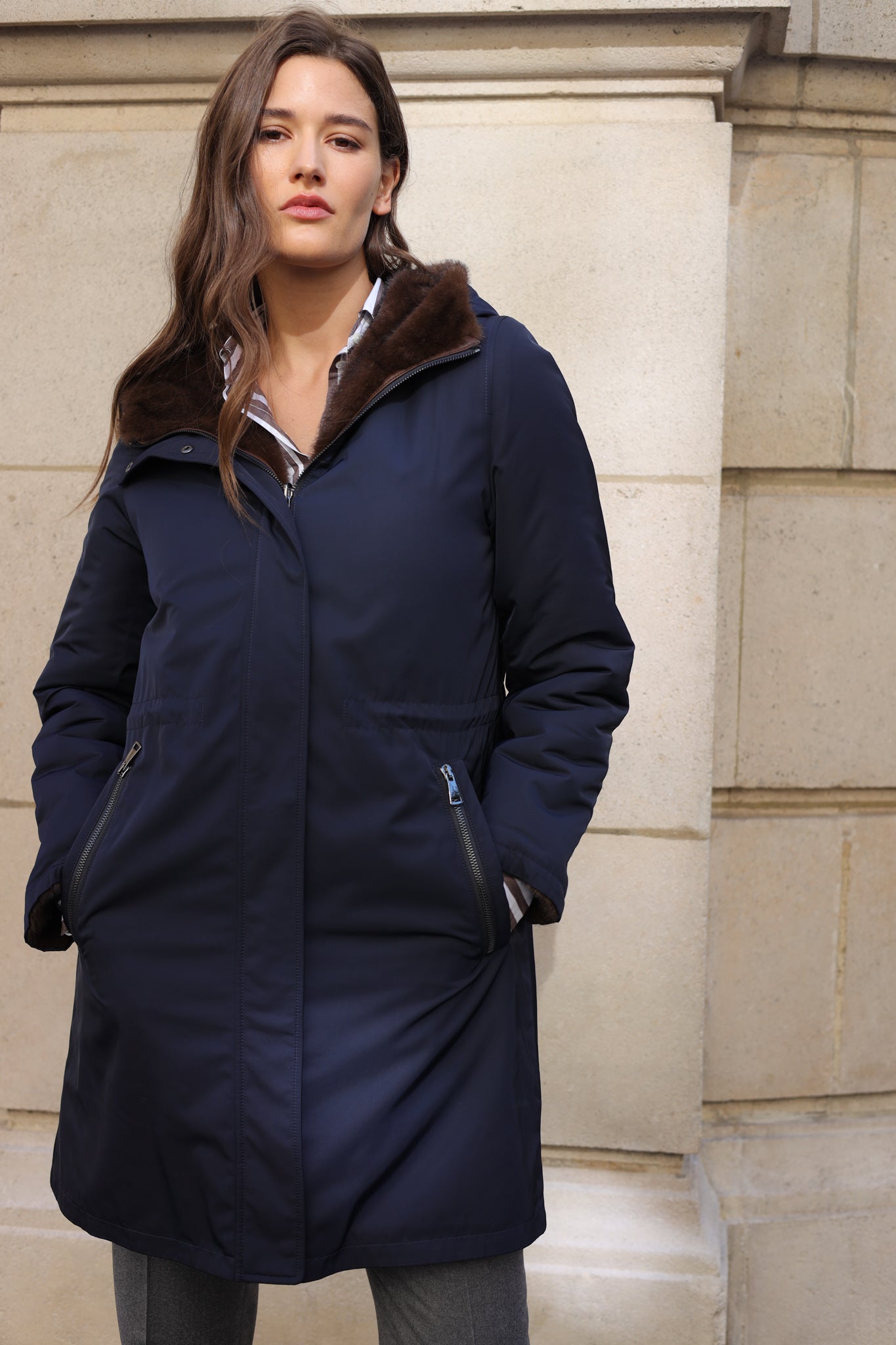 Parka réversible Camille en nylon et éco fourrure - Marine / Marron-MANTEAU FEMME-Curling-Paris