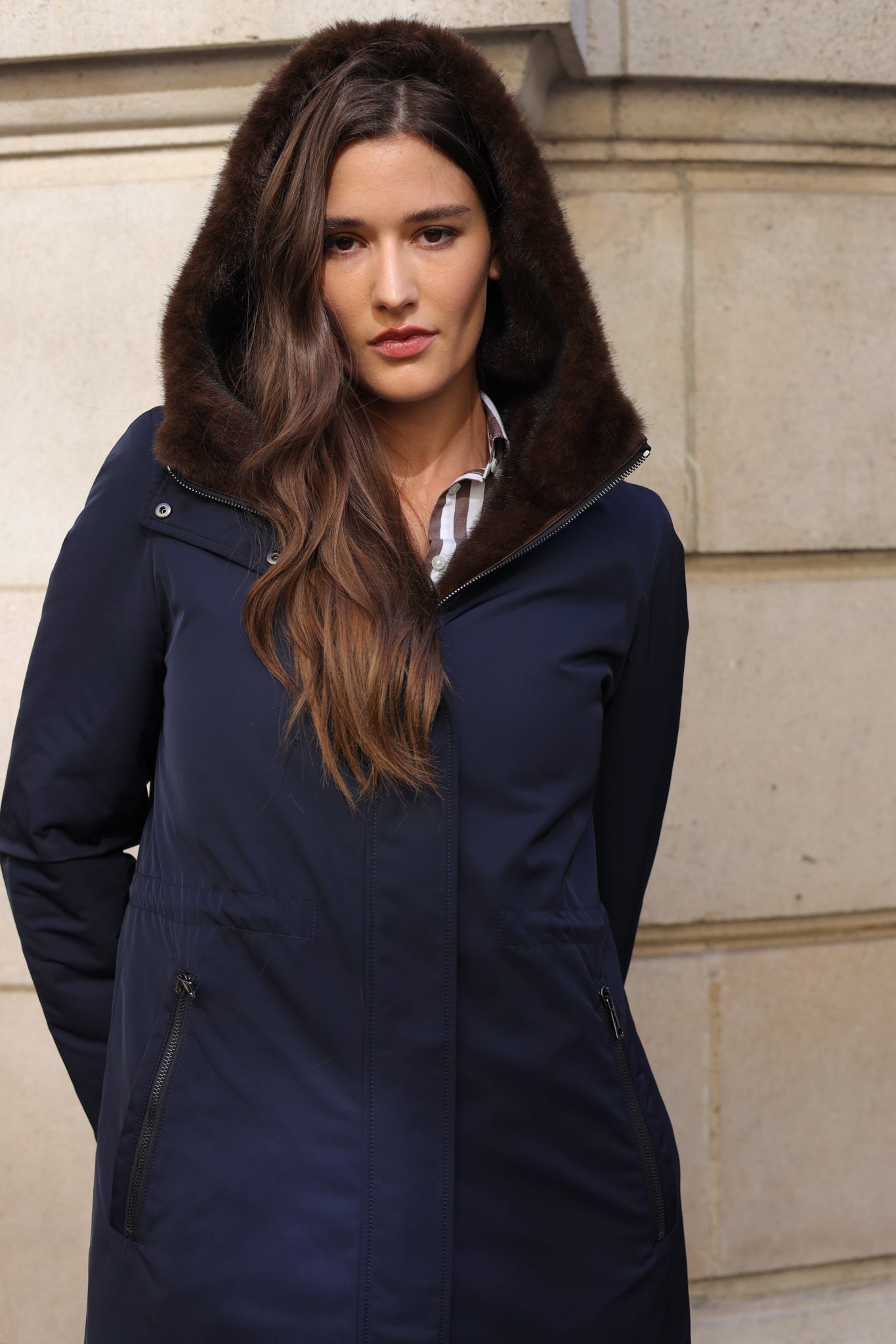 Parka réversible Camille en nylon et éco fourrure - Marine / Marron-MANTEAU FEMME-Curling-Paris