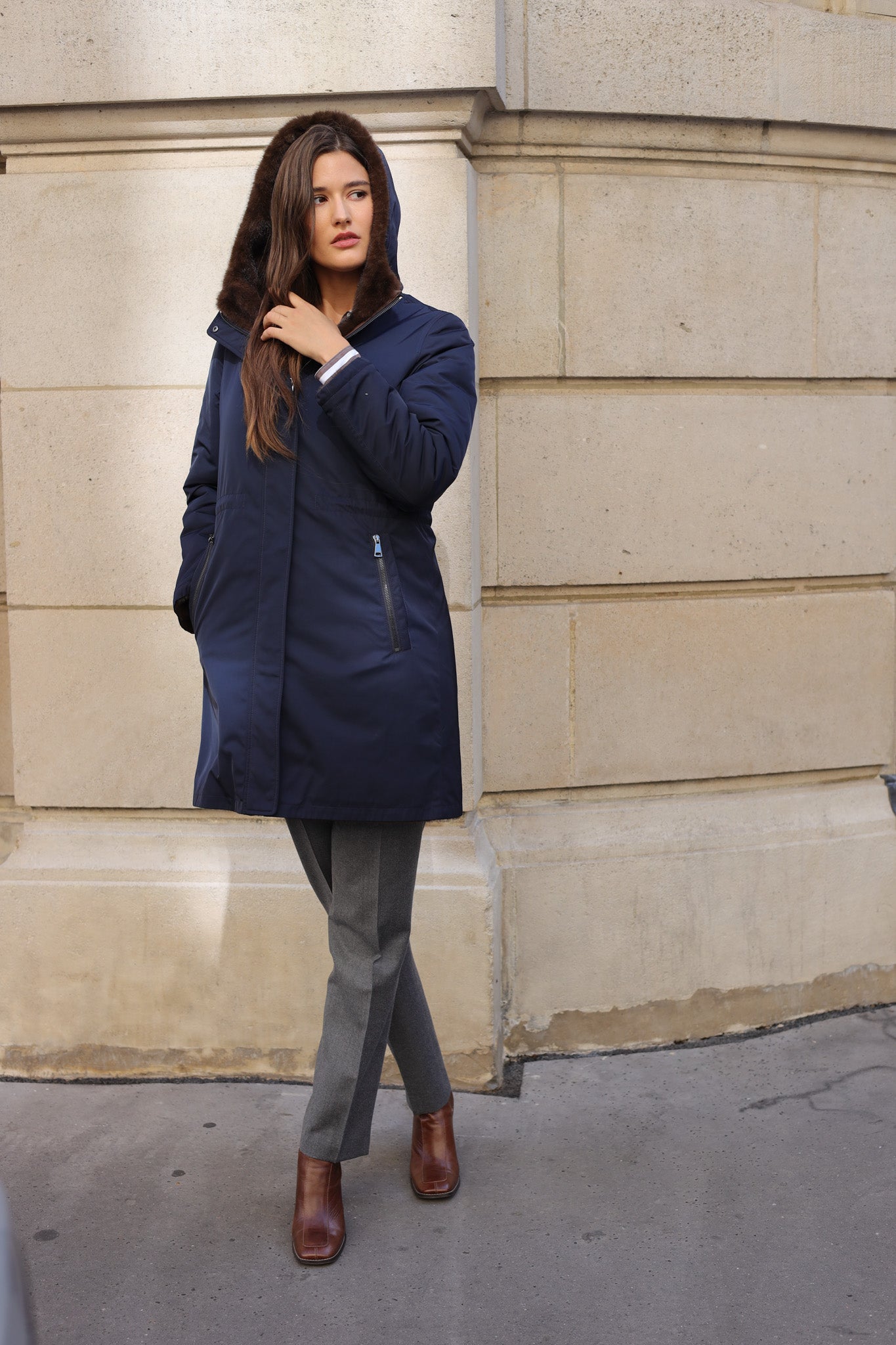 Parka réversible Camille en nylon et éco fourrure - Marine / Marron-MANTEAU FEMME-Curling-Paris