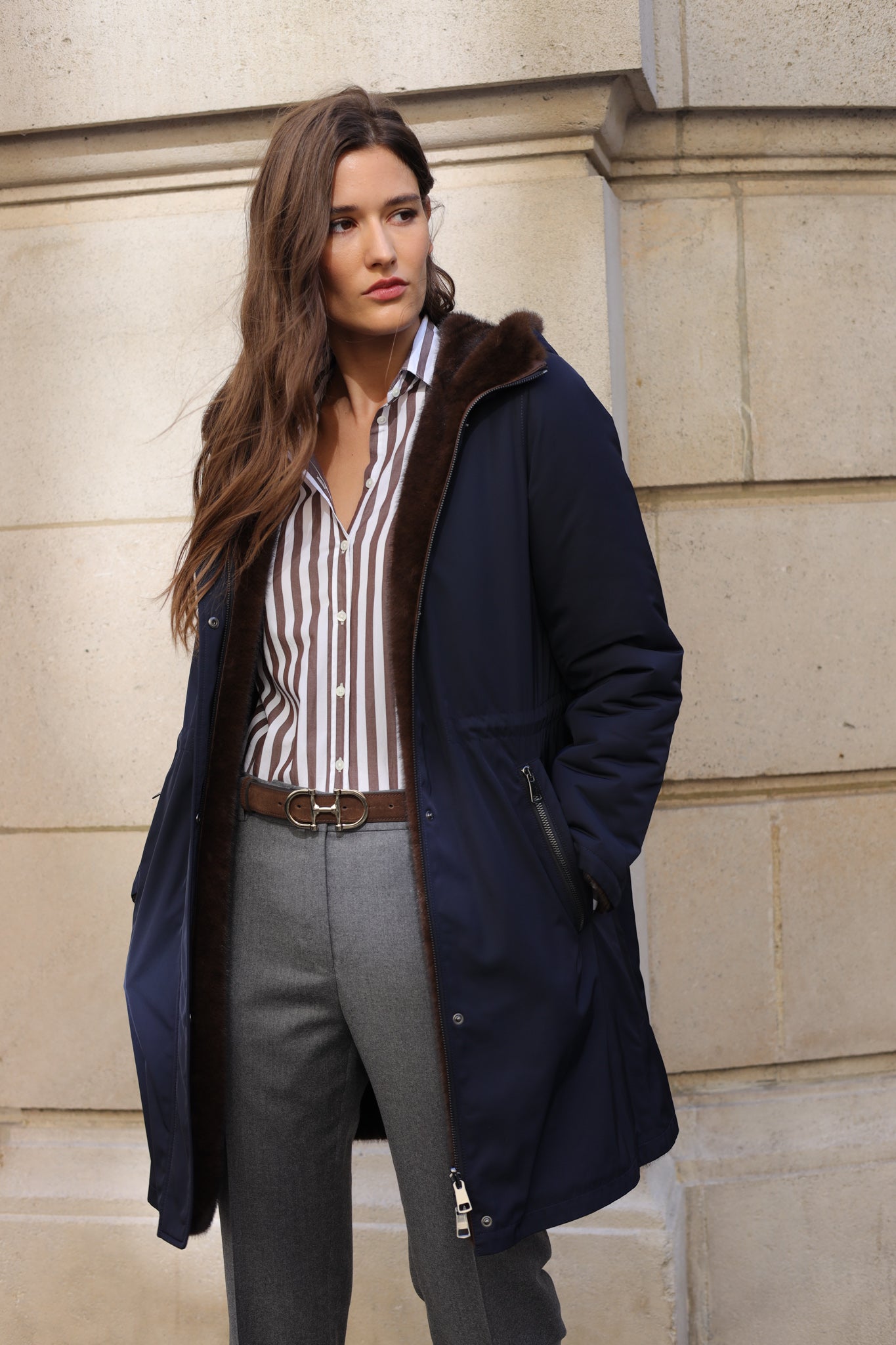 Parka réversible Camille en nylon et éco fourrure - Marine / Marron-MANTEAU FEMME-Curling-Paris