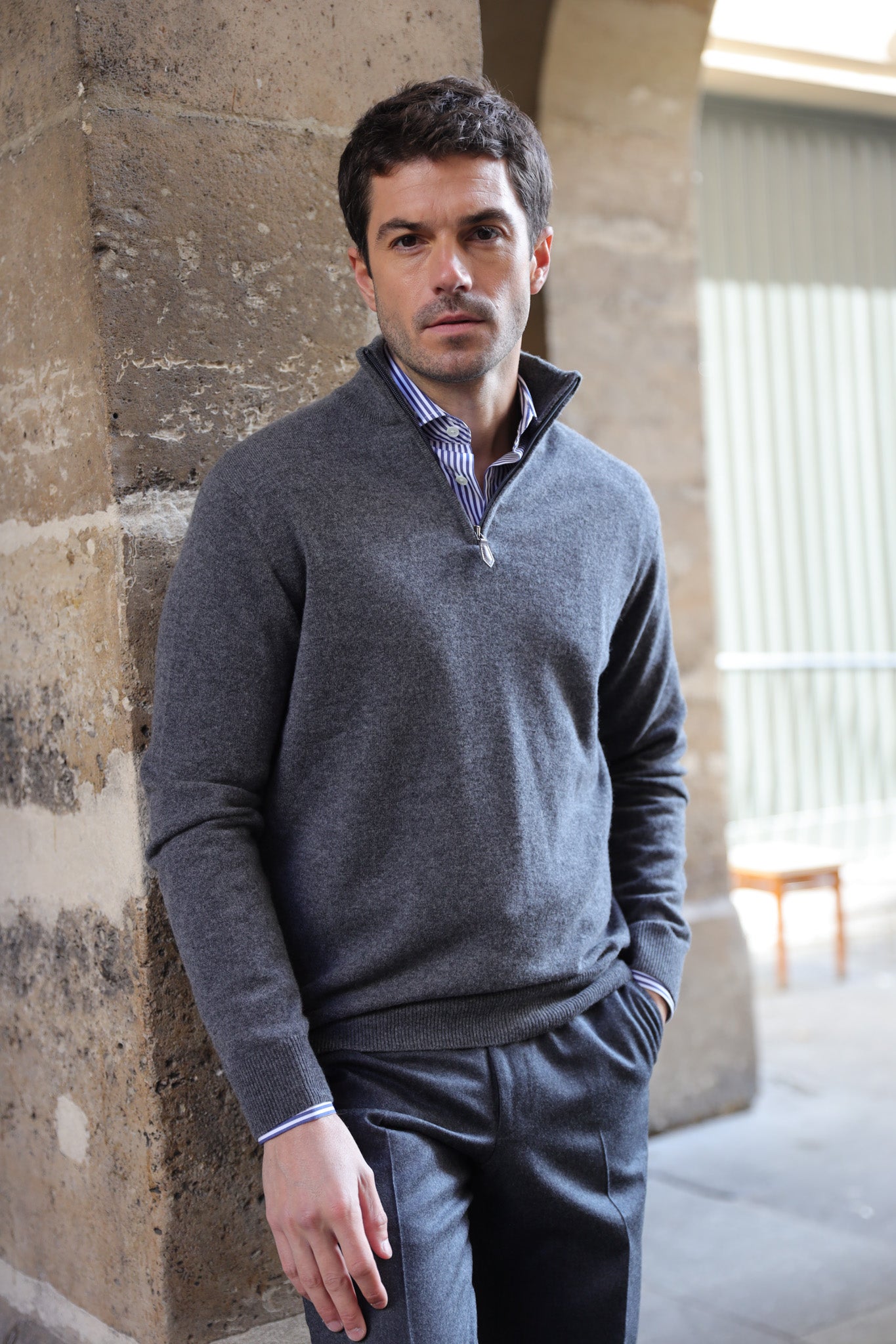 Pull Amar col zippé 100% cachemire - Anthracite-PULL HOMME-Curling-Paris