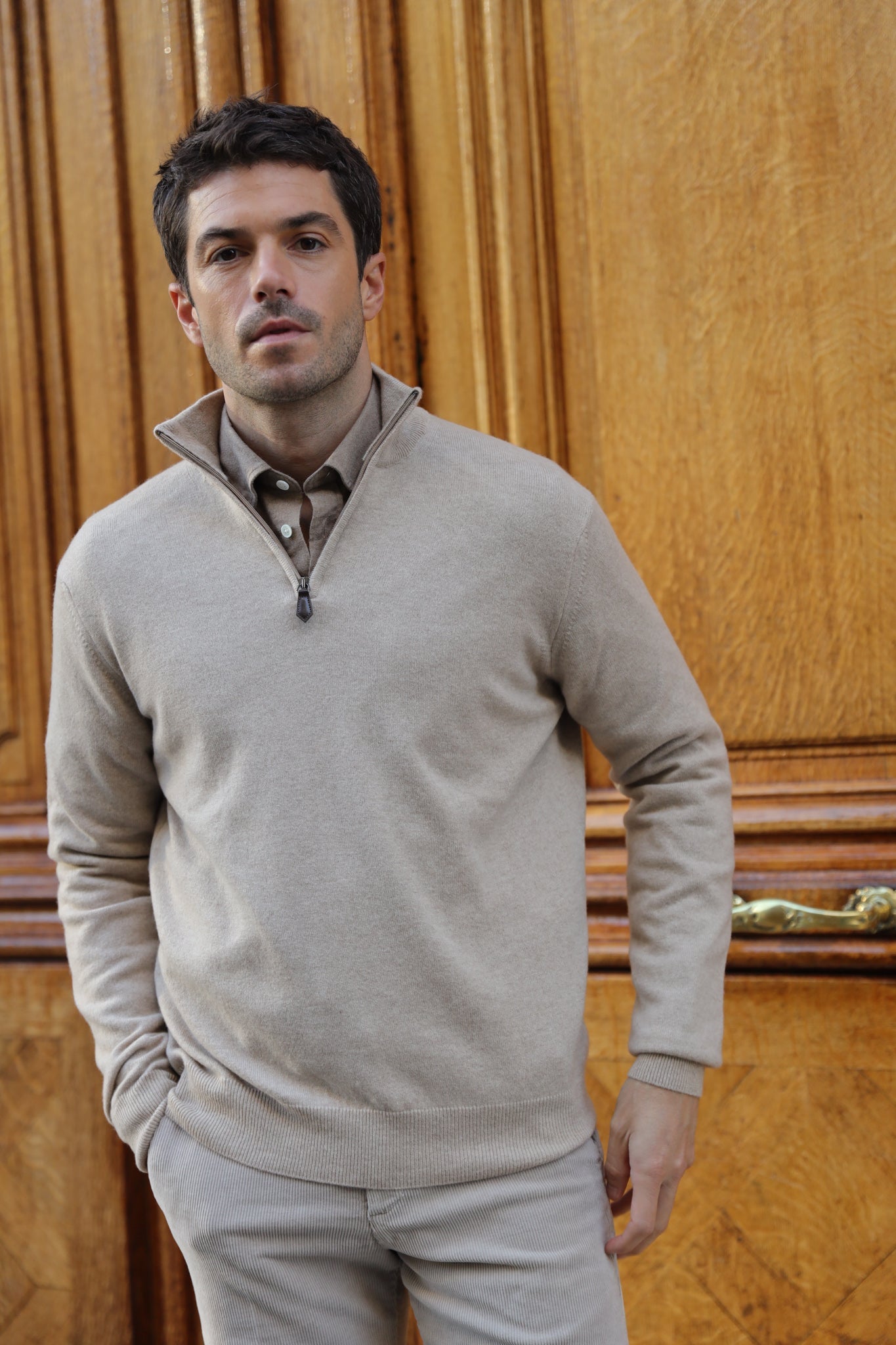 Pull Amar col zippé 100% cachemire - Beige-PULL HOMME-Curling-Paris