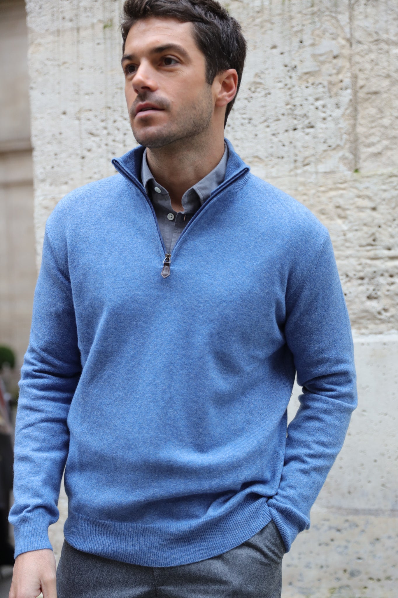 Pull Amar col zippé 100% cachemire - Bleu denim-PULL HOMME-Curling-Paris