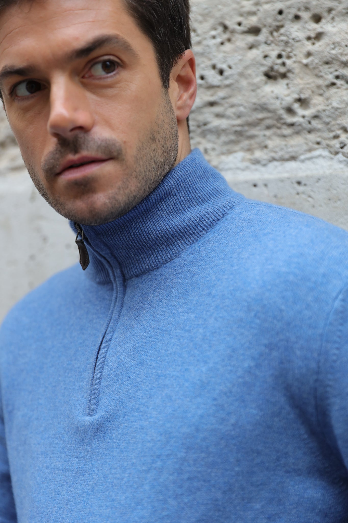 Pull Amar col zippé 100% cachemire - Bleu denim-PULL HOMME-Curling-Paris